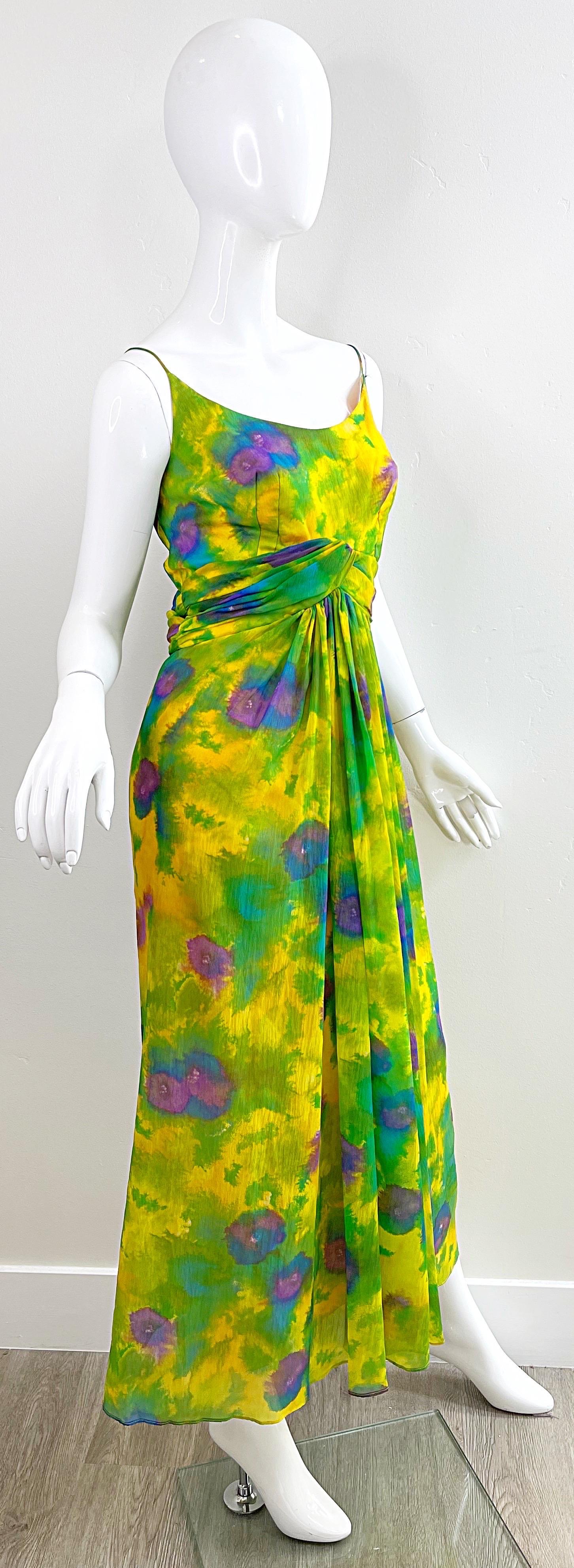 1960s Demi Couture Floral Watercolor Silk Chiffon Vintage 60s Gown Maxi Dress For Sale 5