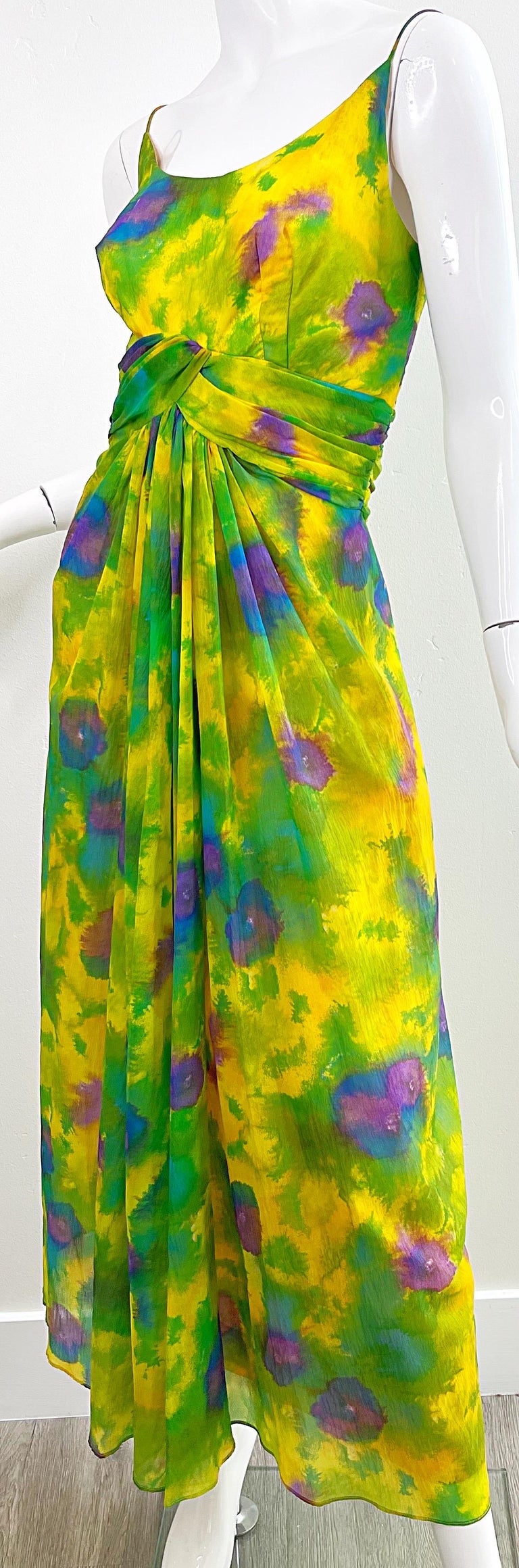 1960s Demi Couture Floral Watercolor Silk Chiffon Vintage 60s Gown Maxi Dress