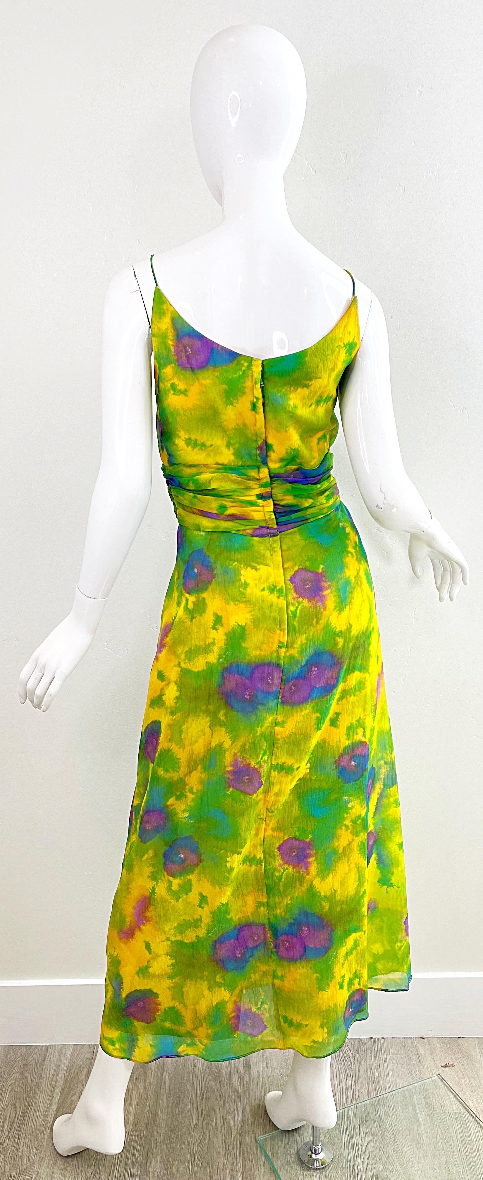 1960s Demi Couture Floral Watercolor Silk Chiffon Vintage 60s Gown Maxi Dress For Sale 7