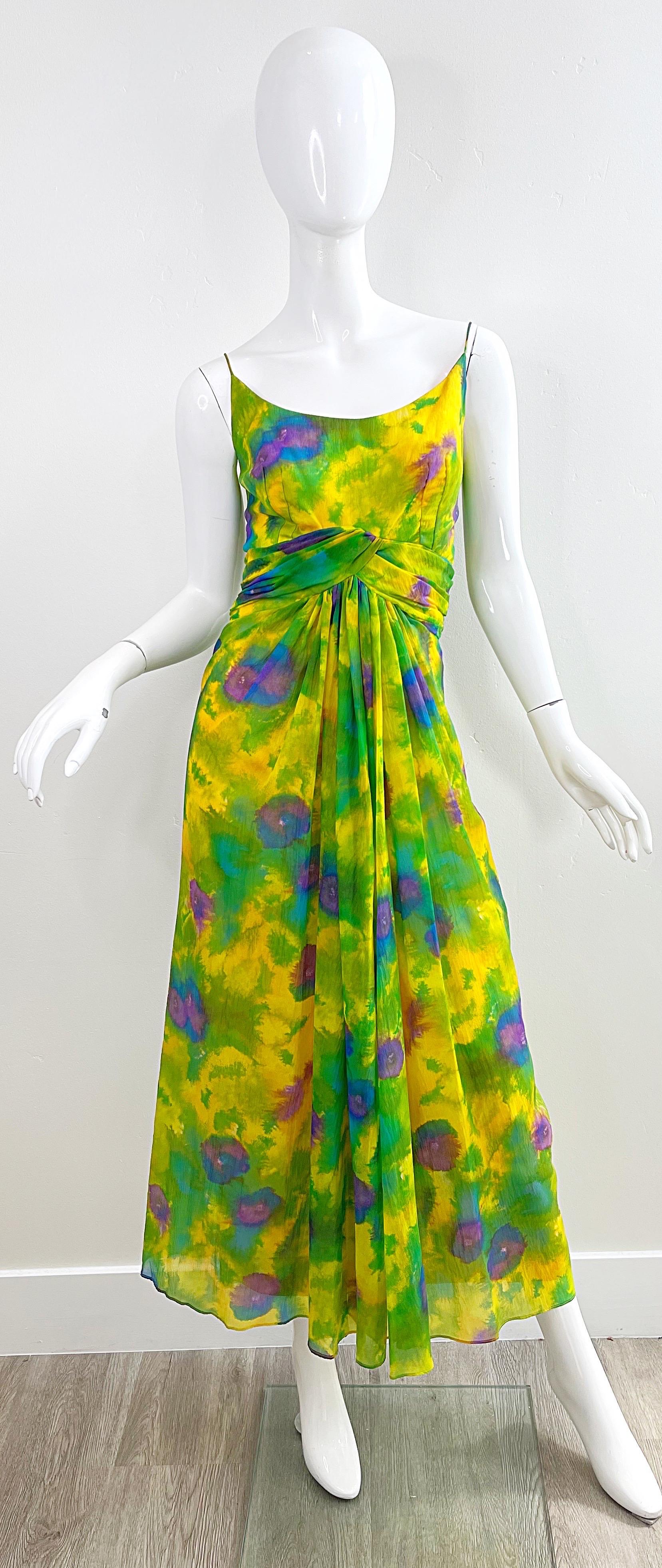 1960s Demi Couture Floral Watercolor Silk Chiffon Vintage 60s Gown Maxi Dress For Sale 8