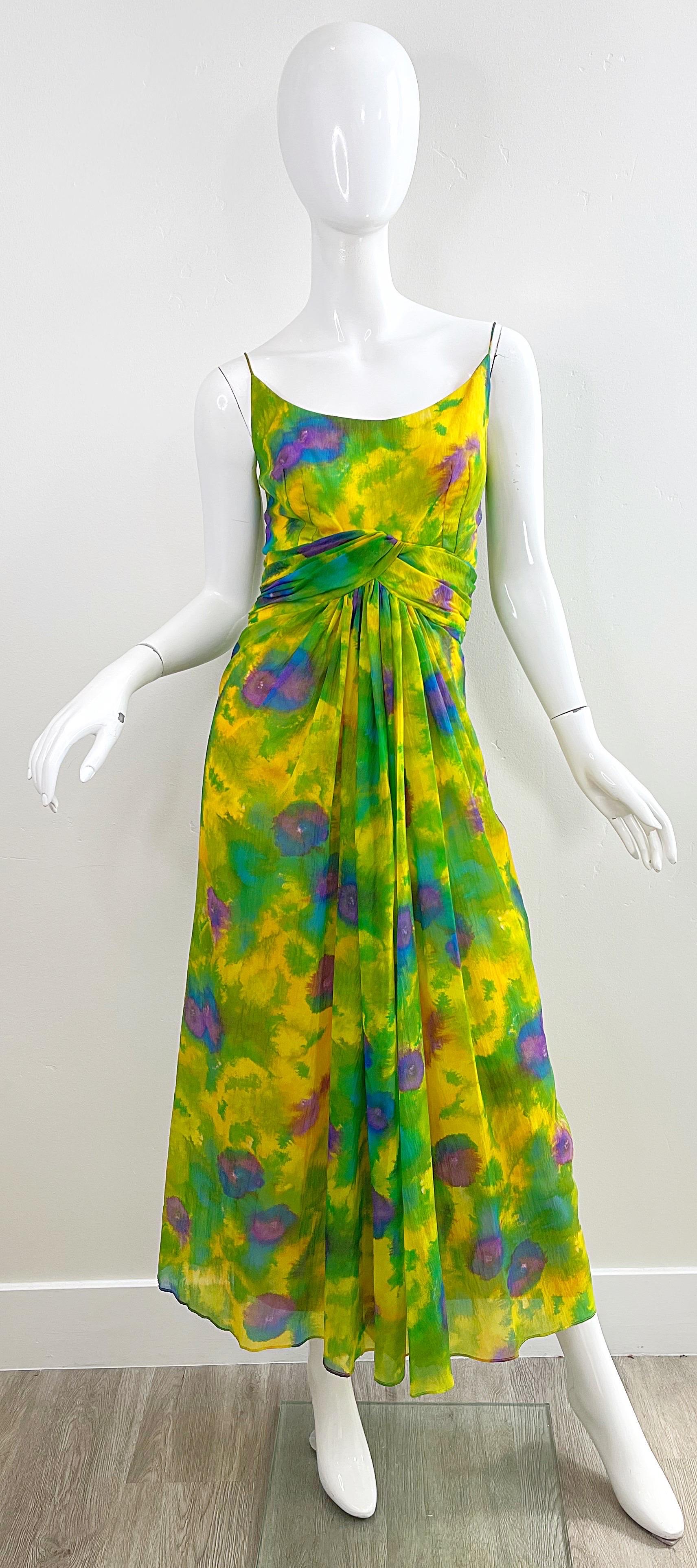 Beautiful vintage early 60s demi couture  watercolor silk chiffon sleeveless gown / maxi dress ! Features vibrant colors of yellow, purple, green and blue throughout. Flattering ruched detail at waist. Hidden metal zipper up the back with multiple