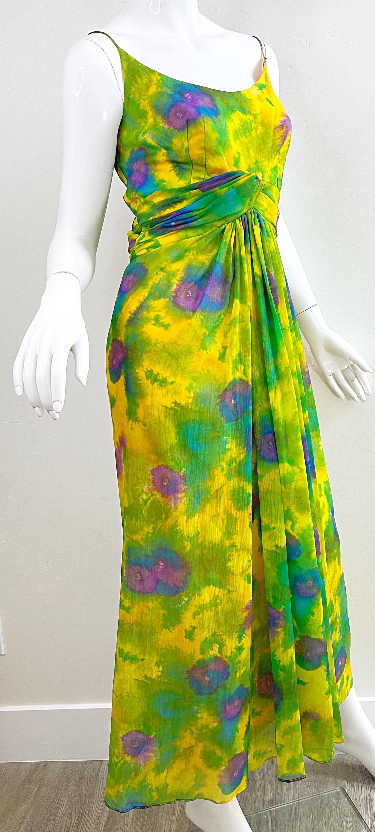 1960s Demi Couture Floral Watercolor Silk Chiffon Vintage 60s Gown Maxi Dress For Sale 1