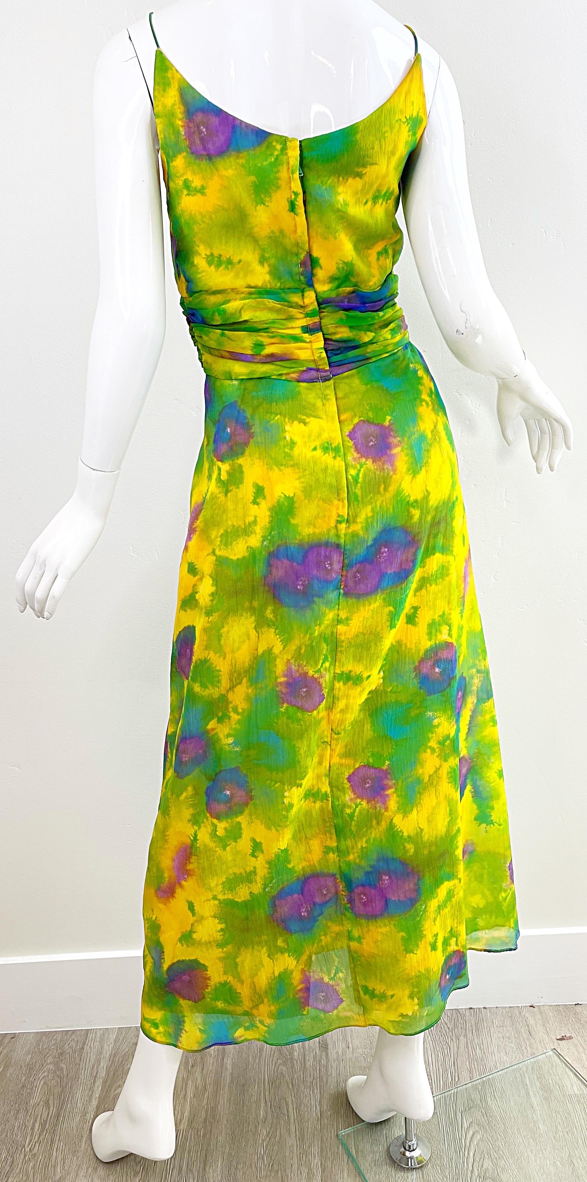 1960s Demi Couture Floral Watercolor Silk Chiffon Vintage 60s Gown Maxi Dress For Sale 2