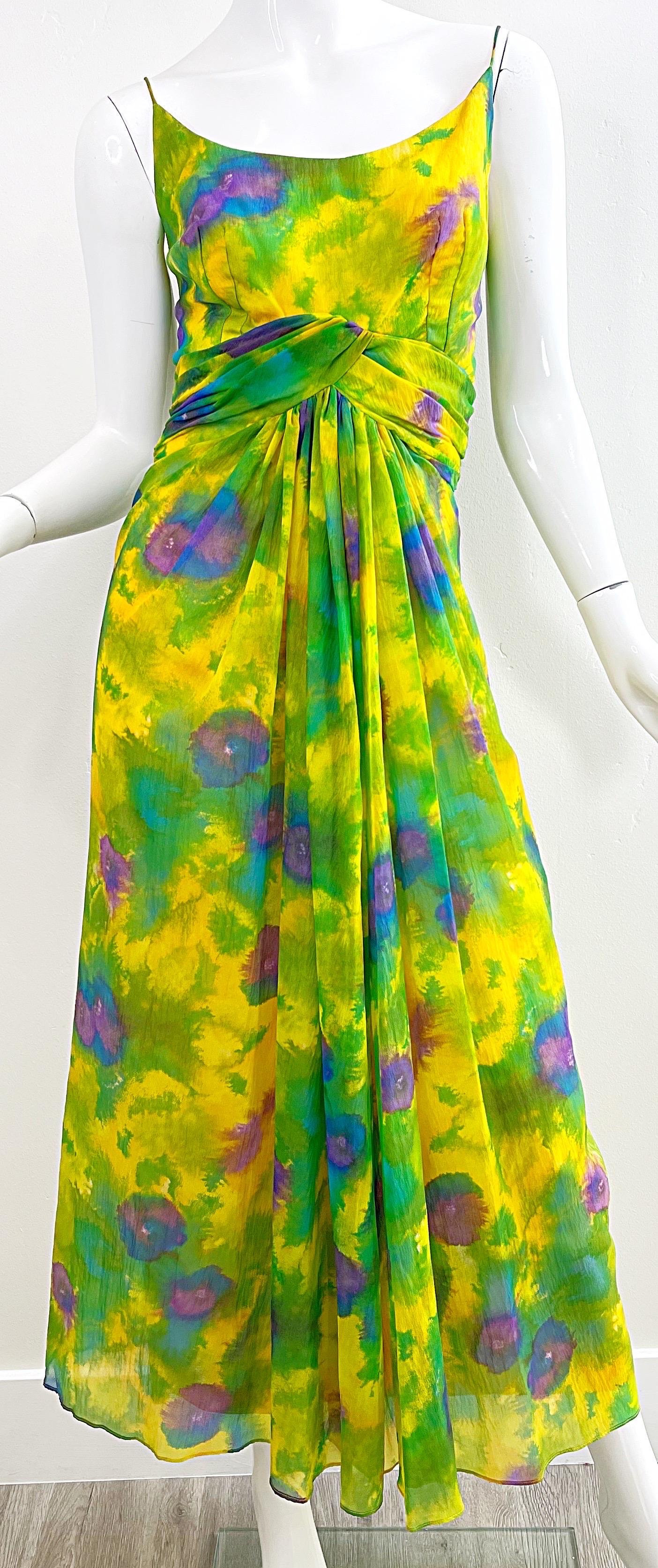 1960s Demi Couture Floral Watercolor Silk Chiffon Vintage 60s Gown Maxi Dress For Sale 3