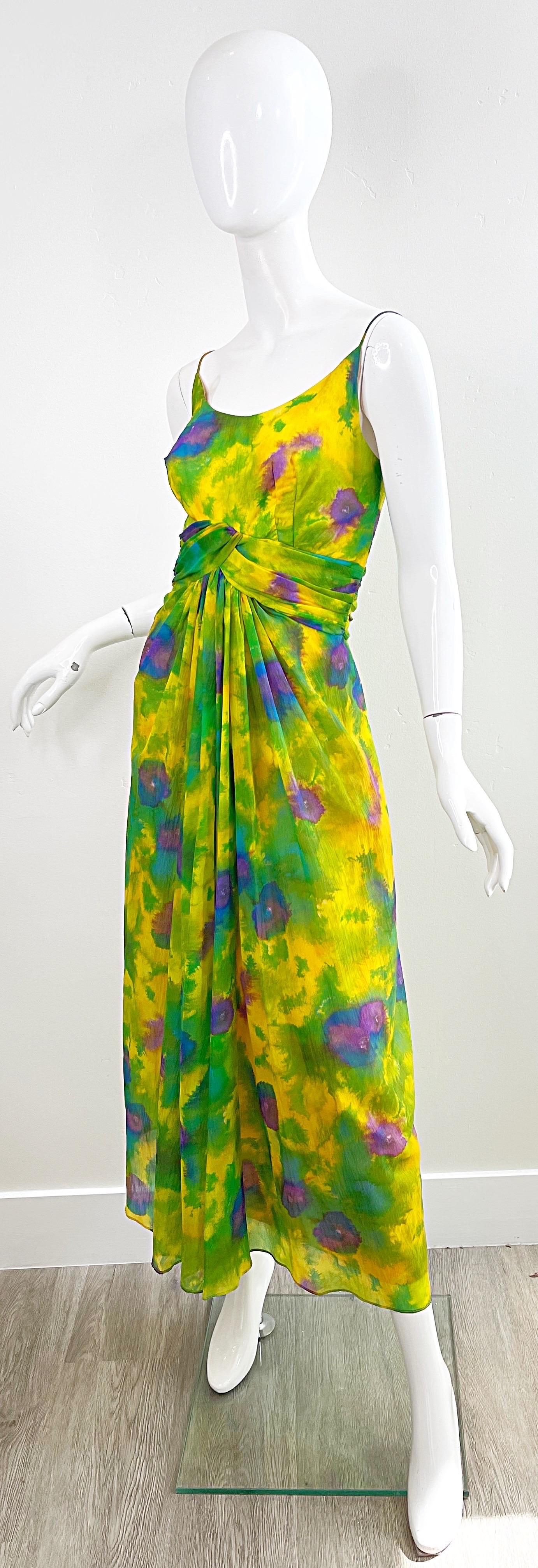 1960s Demi Couture Floral Watercolor Silk Chiffon Vintage 60s Gown Maxi Dress For Sale 4