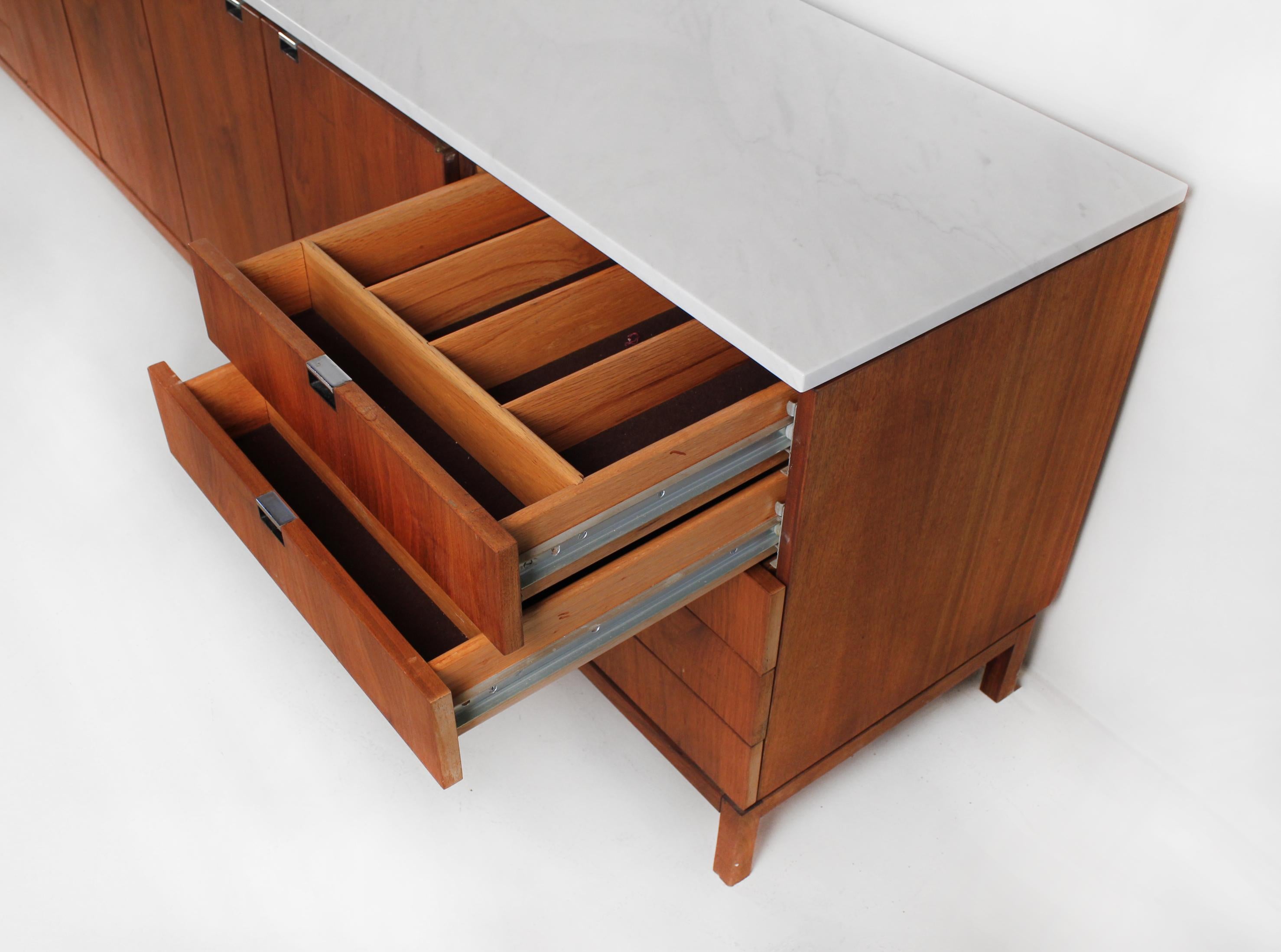American 1960s Florence Knoll Book-Matched Walnut Buffet with Calacatta Gold Marble Top