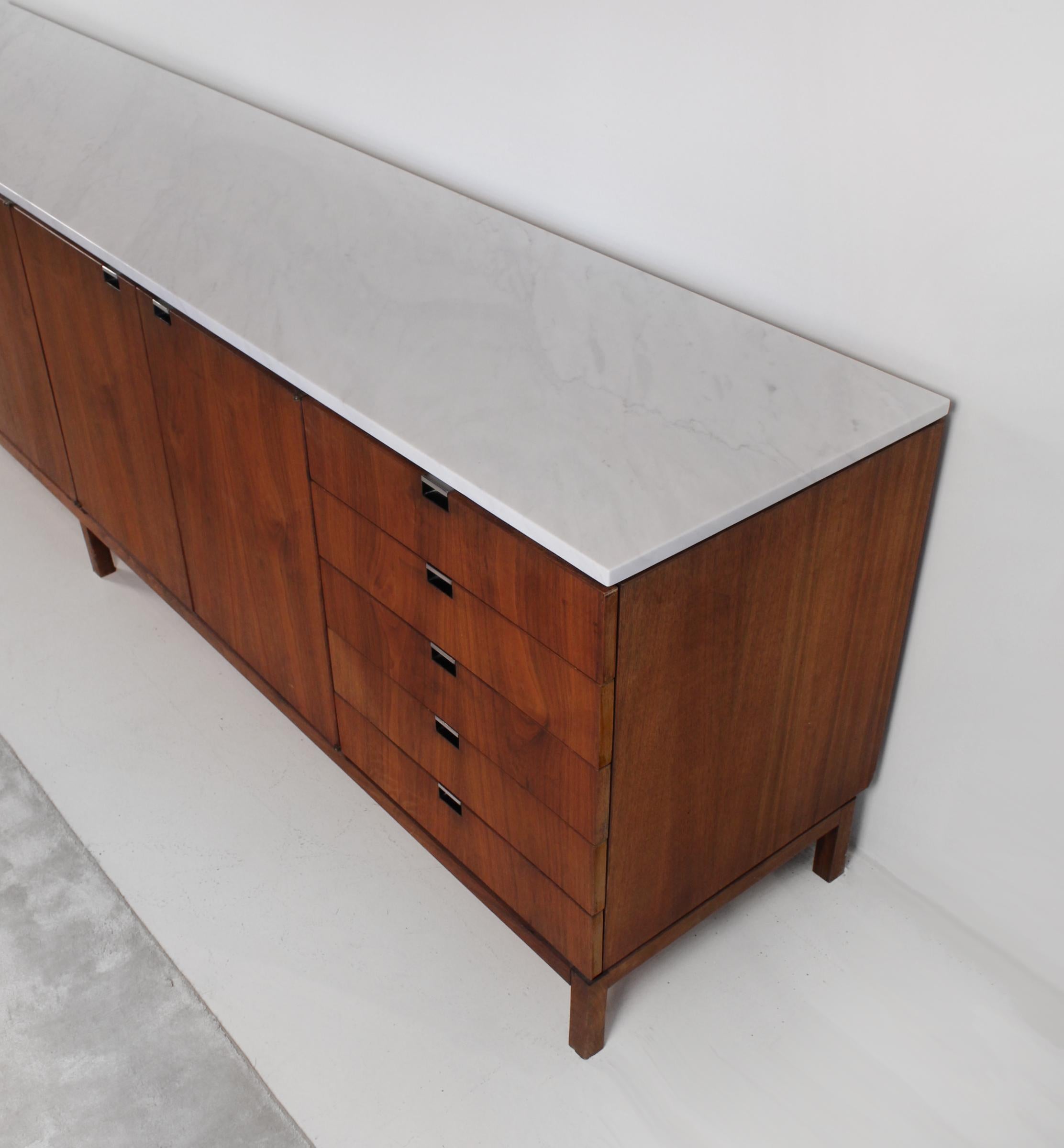 1960s Florence Knoll Book-Matched Walnut Buffet with Calacatta Gold Marble Top In Good Condition In Dallas, TX