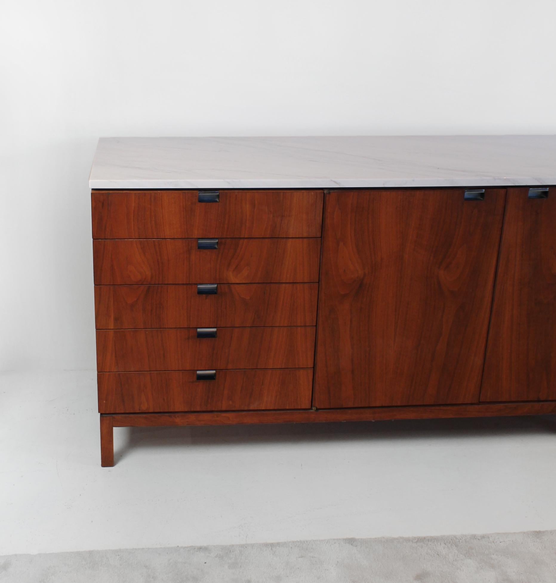 20th Century 1960s Florence Knoll Book-Matched Walnut Buffet with Calacatta Gold Marble Top