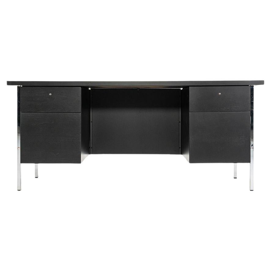 1960s Florence Knoll Double Pedestal Executive Desk Chrome Wood Fully Refinished