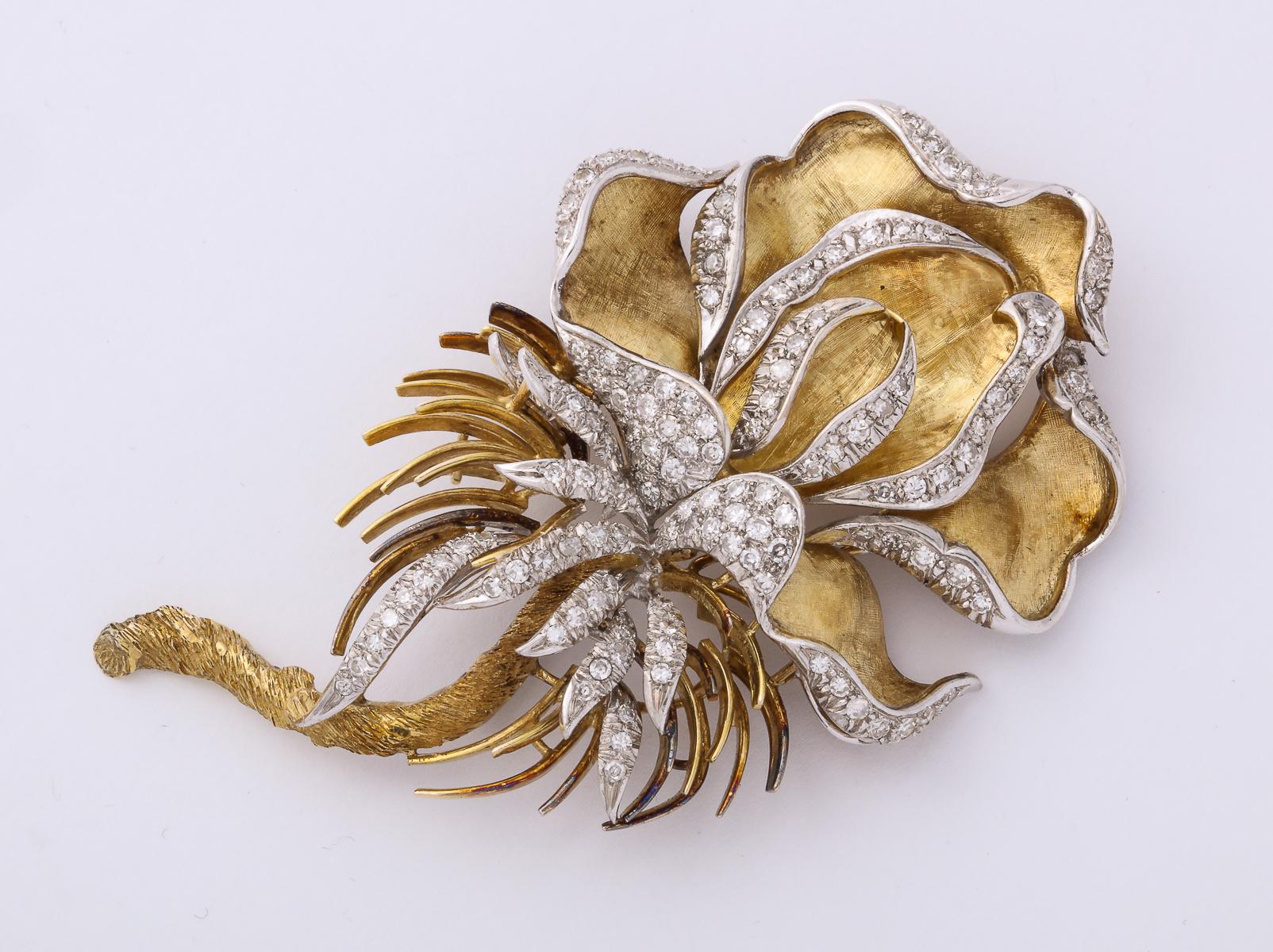 One Ladies Large 18kt Florentine Engraved Gold  Figural Orchid Brooch Designed With Approximately 3 Carats Of Full Cut Diamonds. Created In Italy In The 1960's.