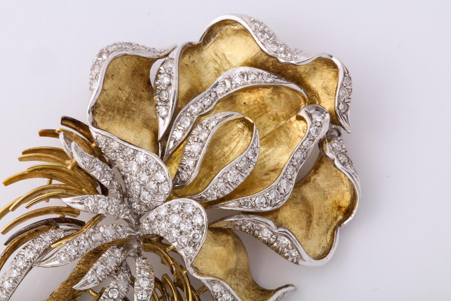 Women's 1960s Florentine Large Orchid Flower Diamond and Gold Brooch