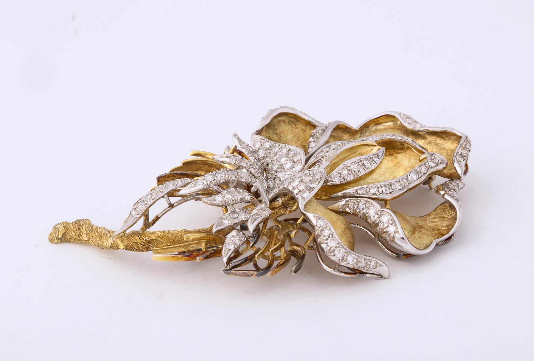 1960s Florentine Large Orchid Flower Diamond and Gold Brooch 2