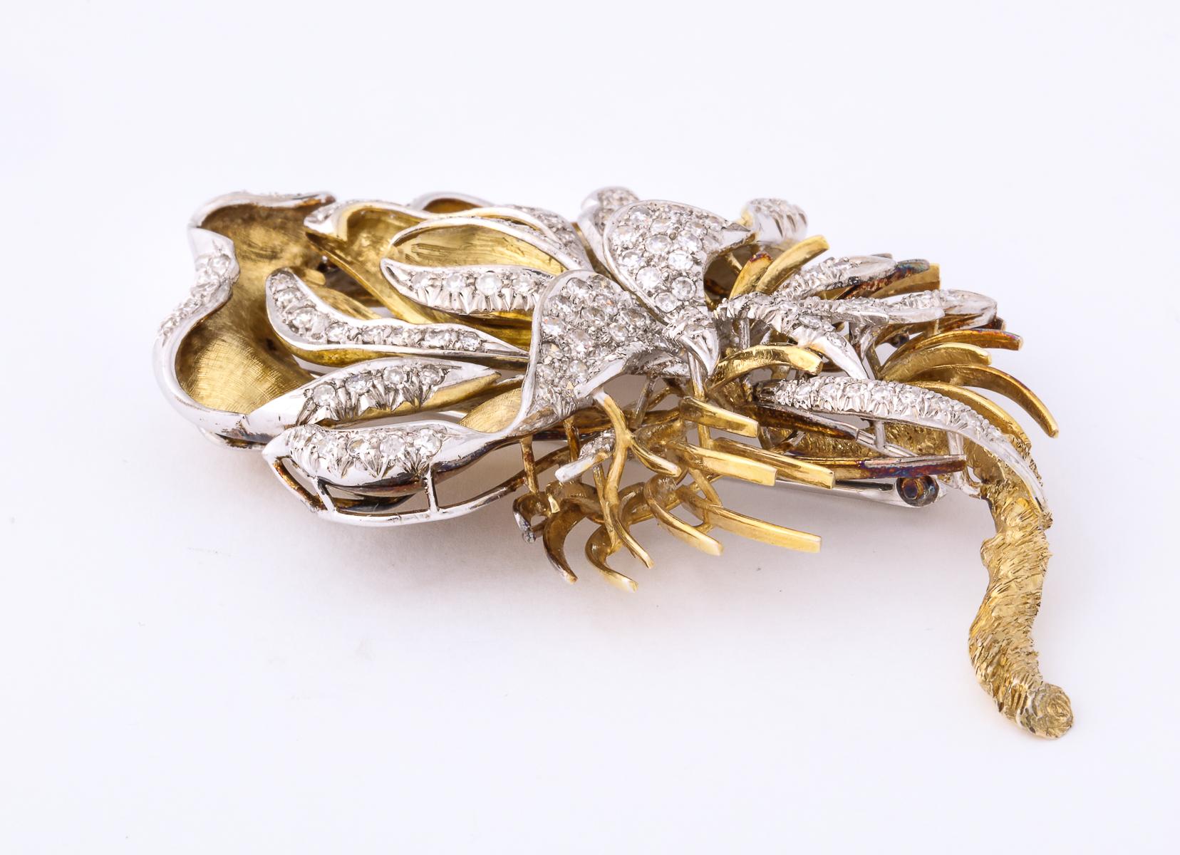 1960s Florentine Large Orchid Flower Diamond and Gold Brooch 3