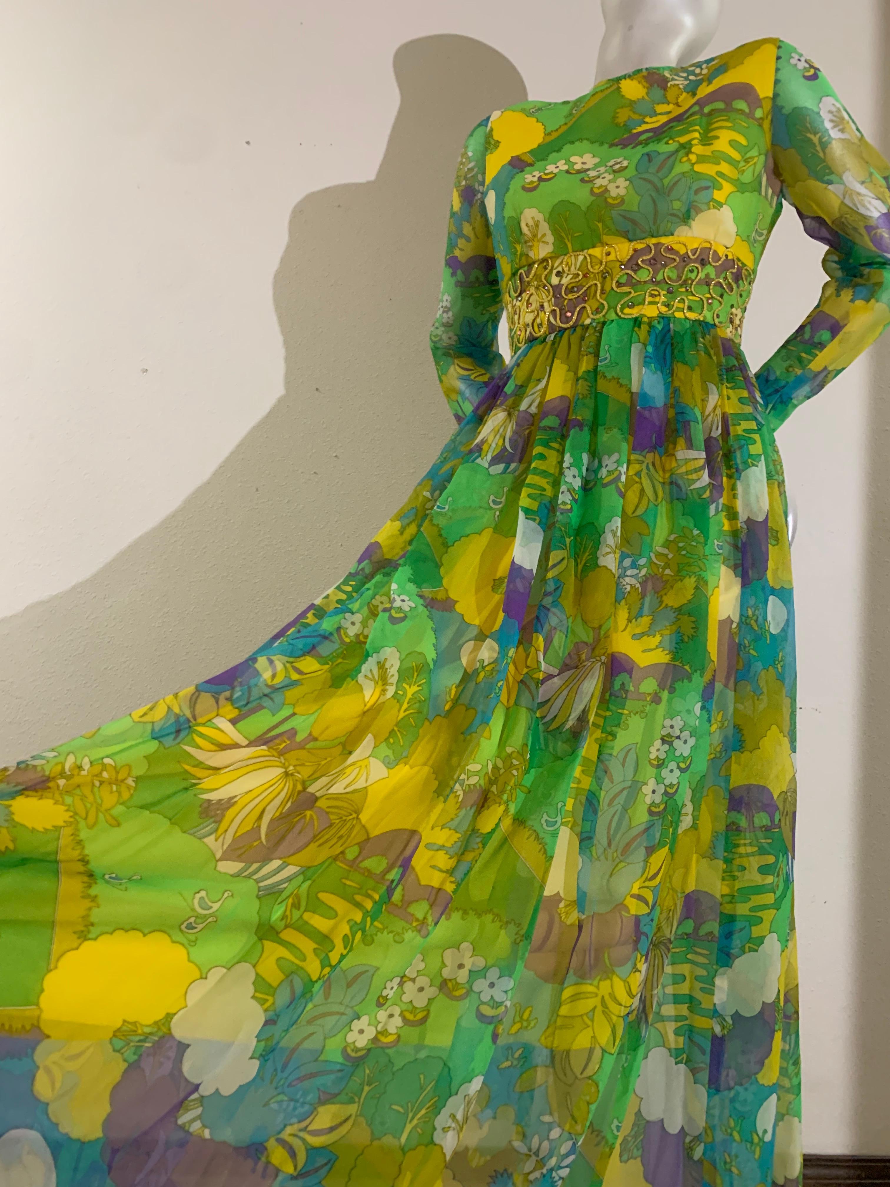 1960s Flower Power Abstract Floral Chiffon Maxi Dress w Jeweled Waistband 6