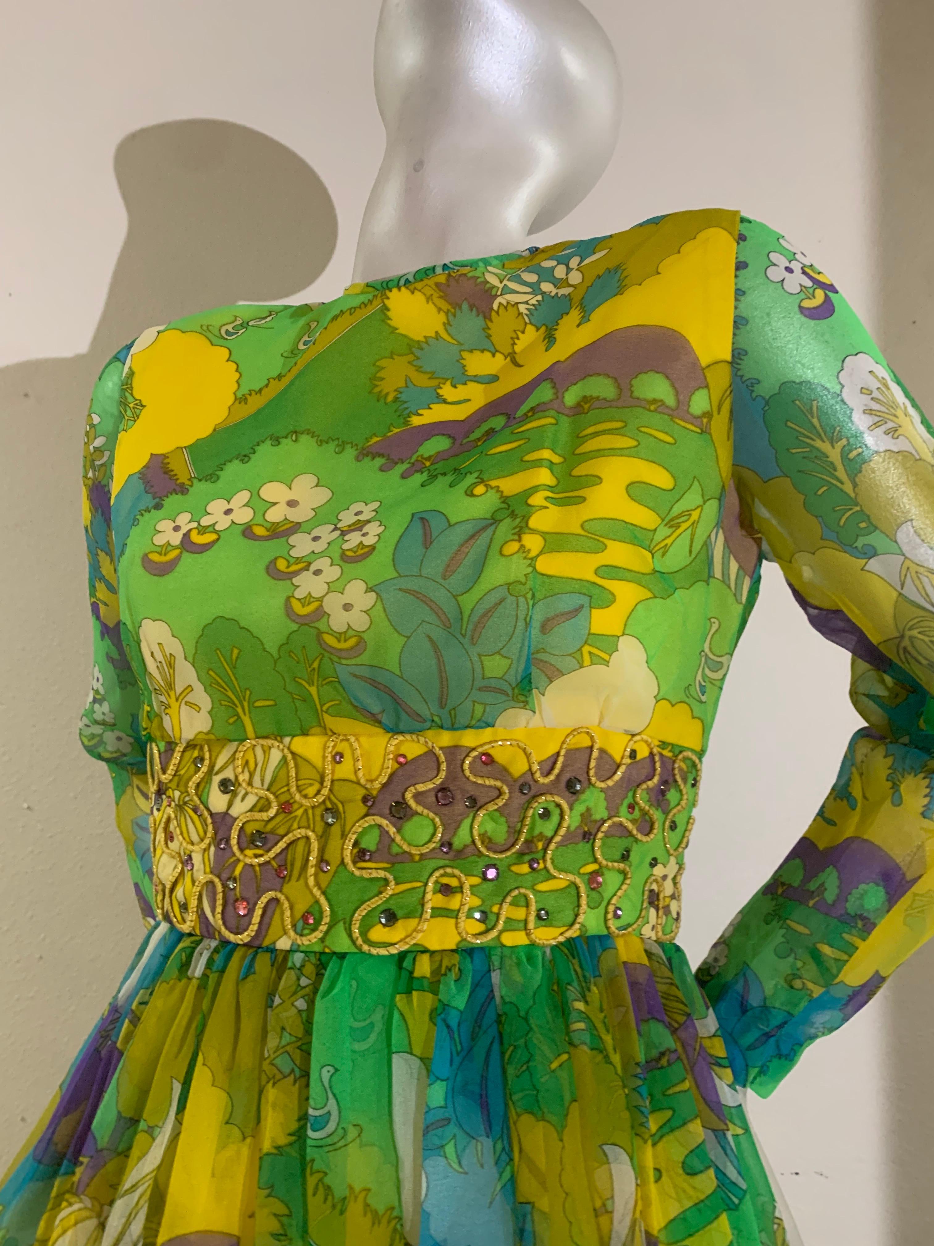 1960s Flower Power Abstract Floral Chiffon Maxi Dress w Jeweled Waistband 7
