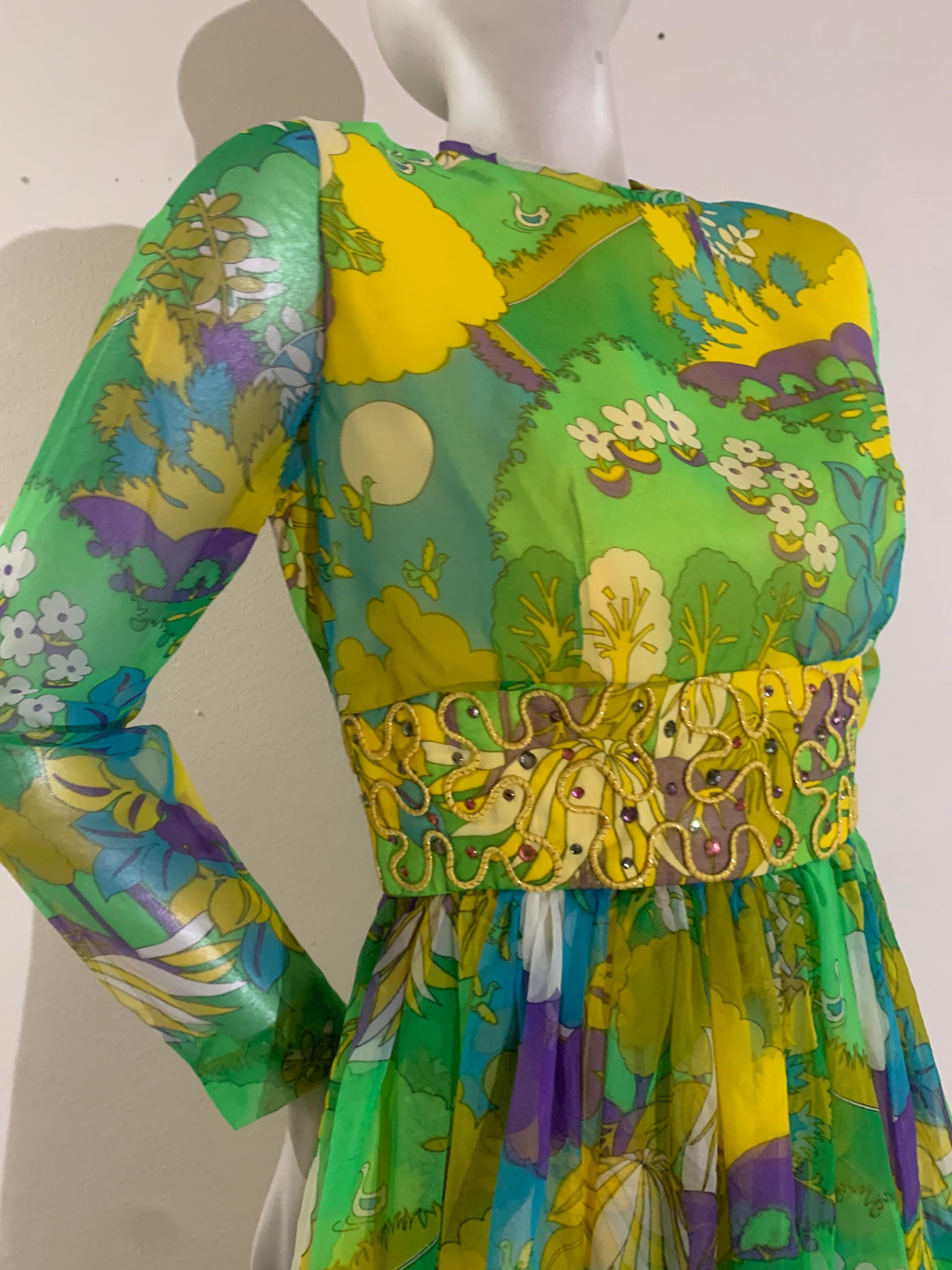 1960s Flower Power Abstract Floral Chiffon Maxi Dress w Jeweled Waistband 8