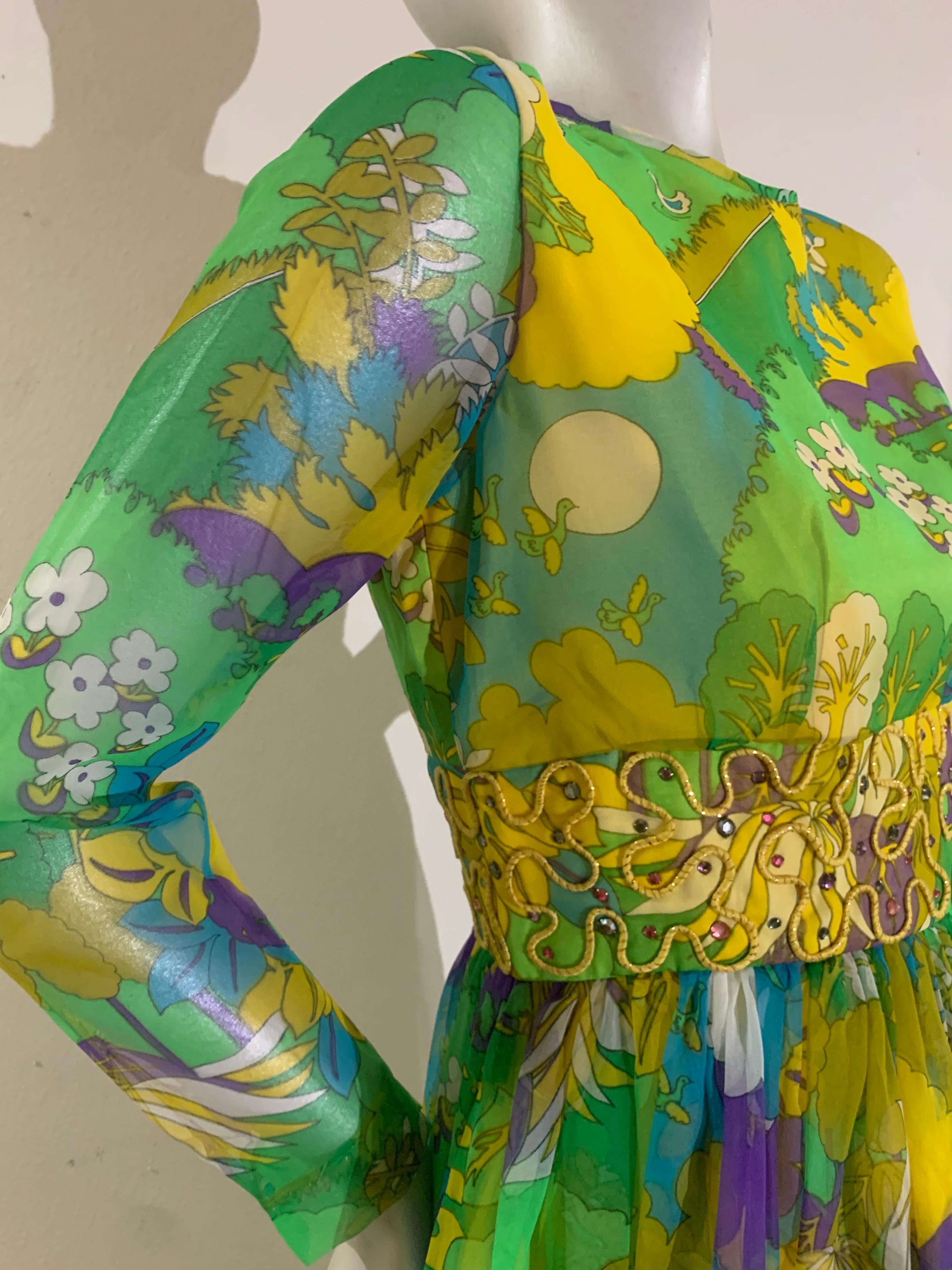1960s Flower Power Abstract Floral Chiffon Maxi Dress w Jeweled Waistband 9