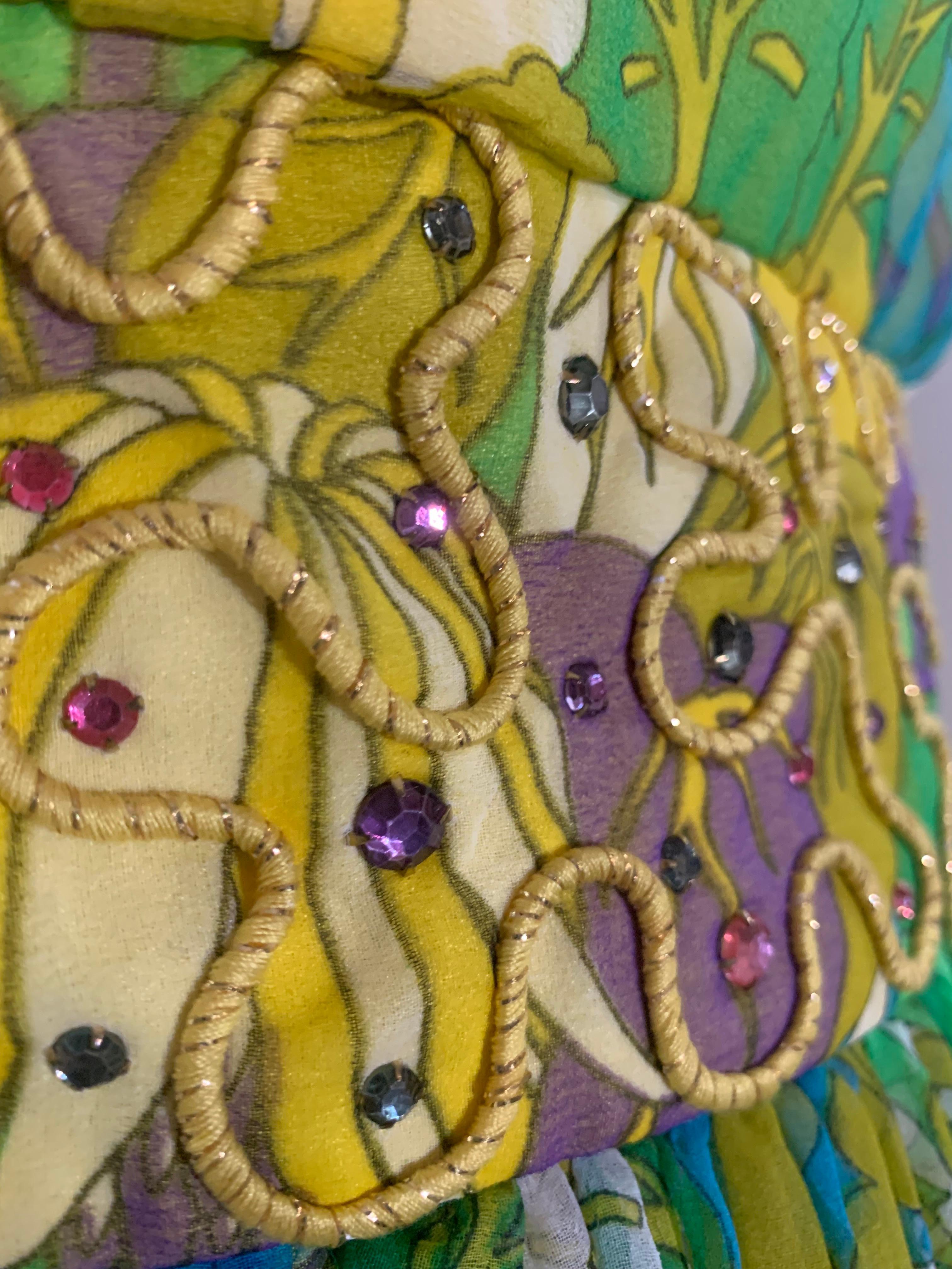 1960s Flower Power Abstract Floral Chiffon Maxi Dress w Jeweled Waistband 10