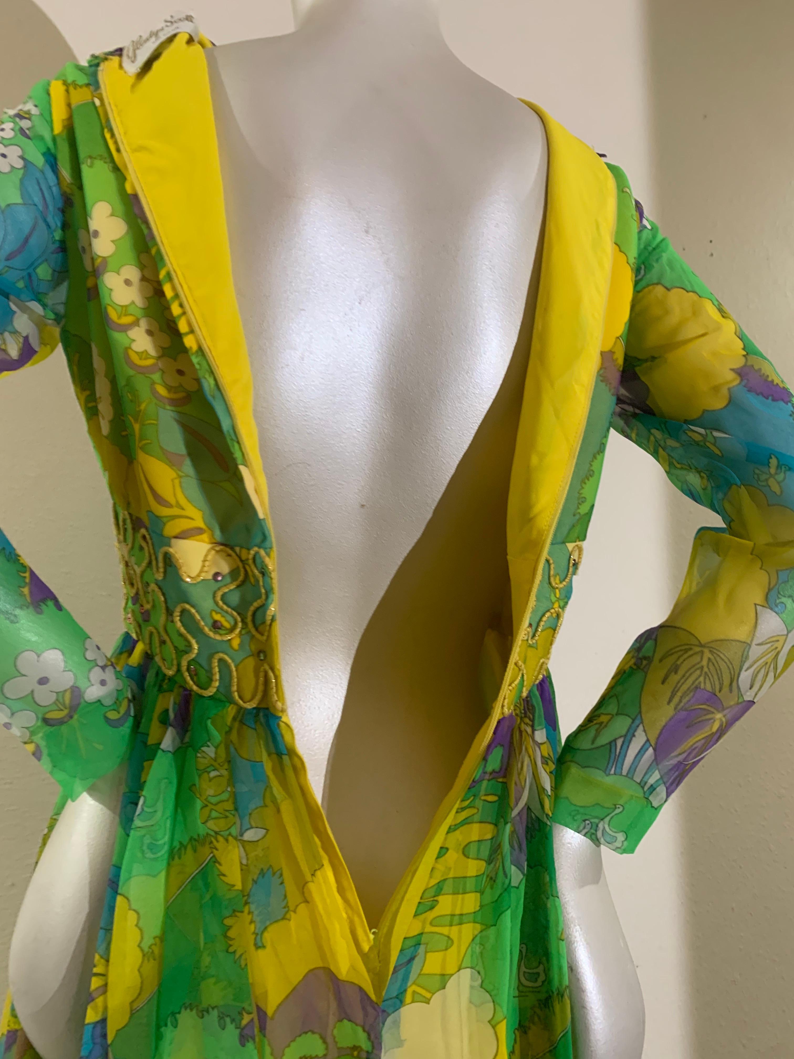 1960s Flower Power Abstract Floral Chiffon Maxi Dress w Jeweled Waistband 11