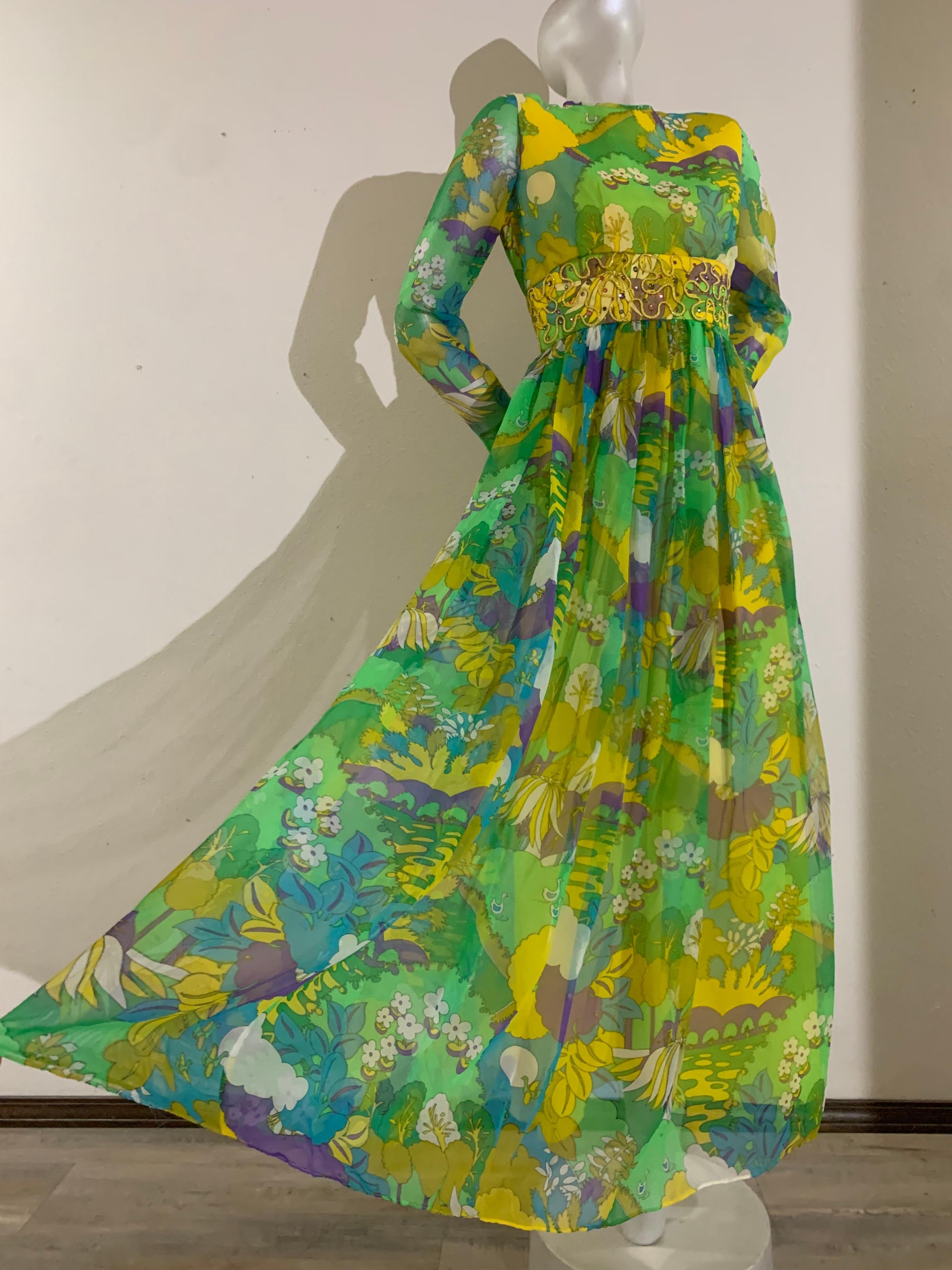 1960s Flower Power Abstract Floral Chiffon Maxi Dress w Jeweled Waistband:  A fabulous Palm Royale style summer maxi dress in a vivid turquoise, green, yellow and lavender psychedelic floral print.  Wide fitted rhinestone and couch cord-embroidered