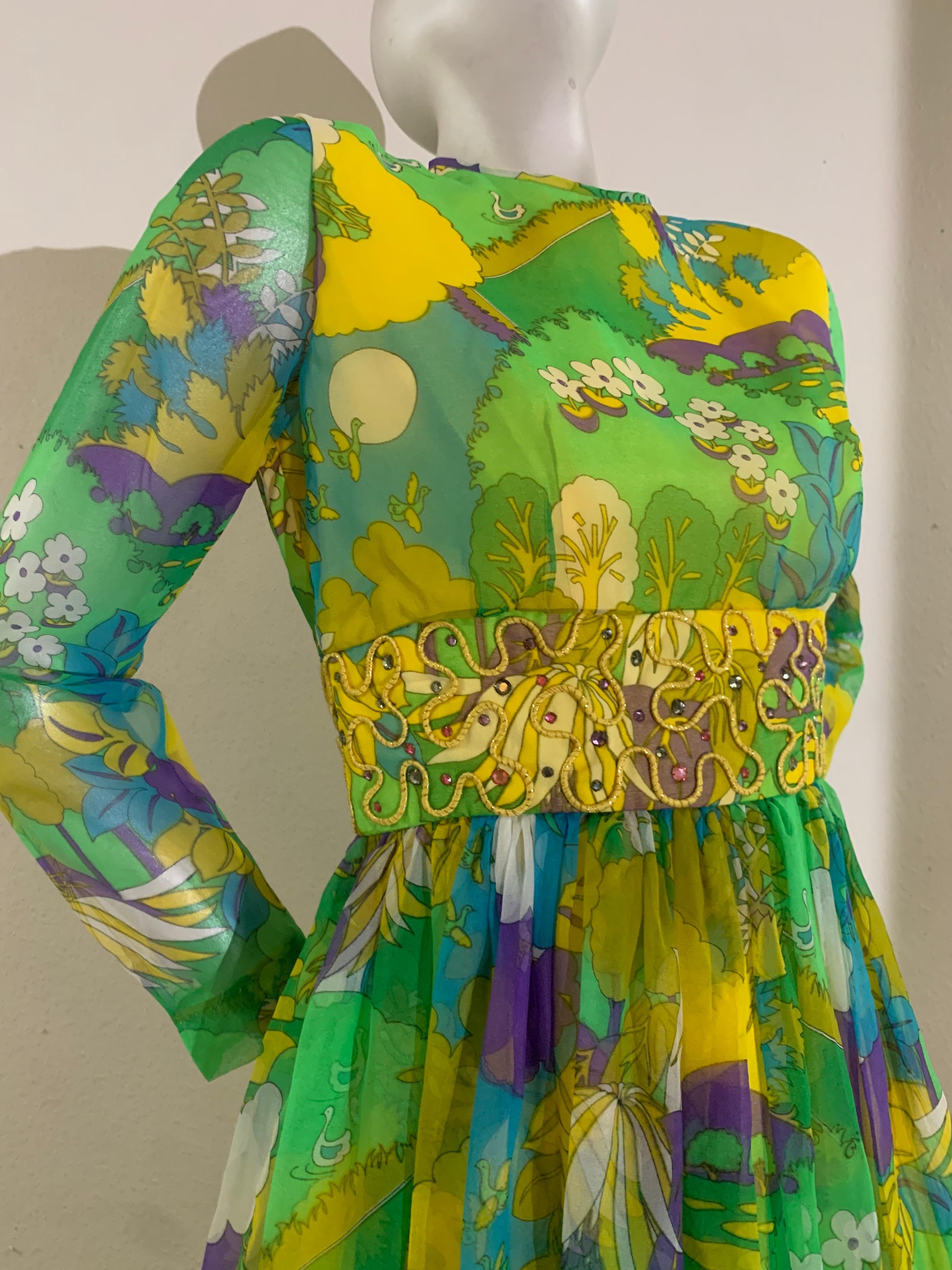 Brown 1960s Flower Power Abstract Floral Chiffon Maxi Dress w Jeweled Waistband
