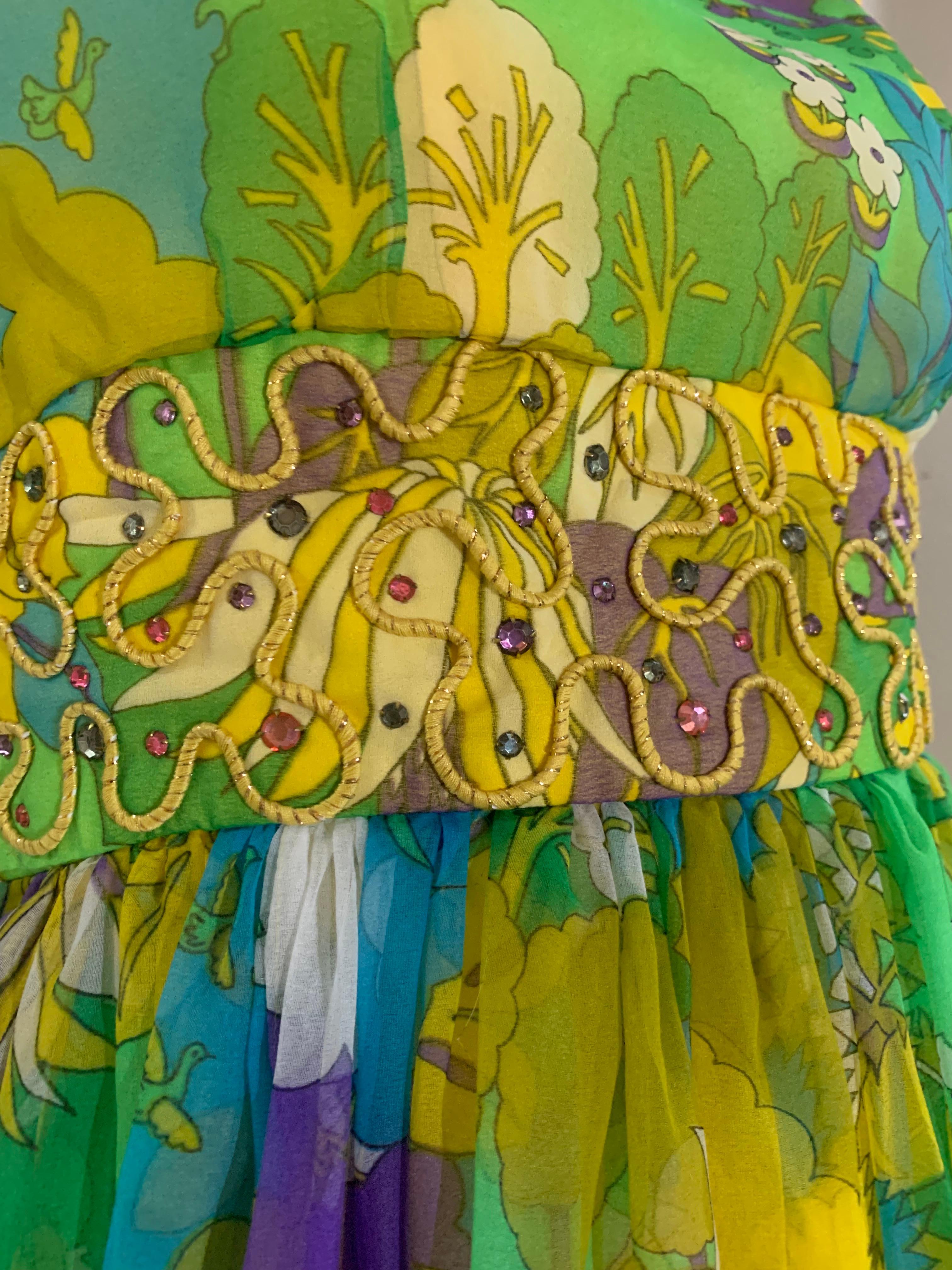 1960s Flower Power Abstract Floral Chiffon Maxi Dress w Jeweled Waistband In Excellent Condition In Gresham, OR