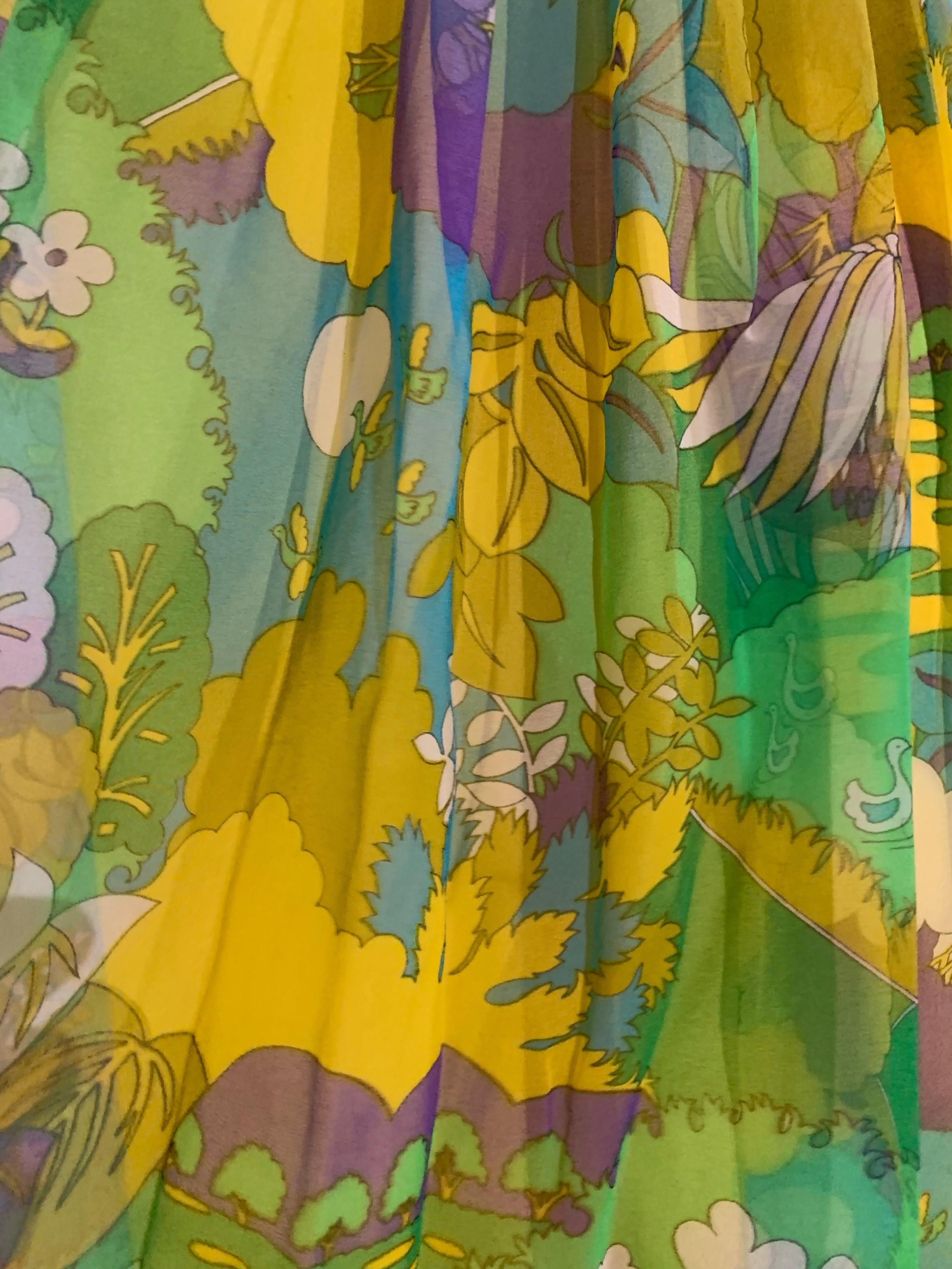 Women's 1960s Flower Power Abstract Floral Chiffon Maxi Dress w Jeweled Waistband