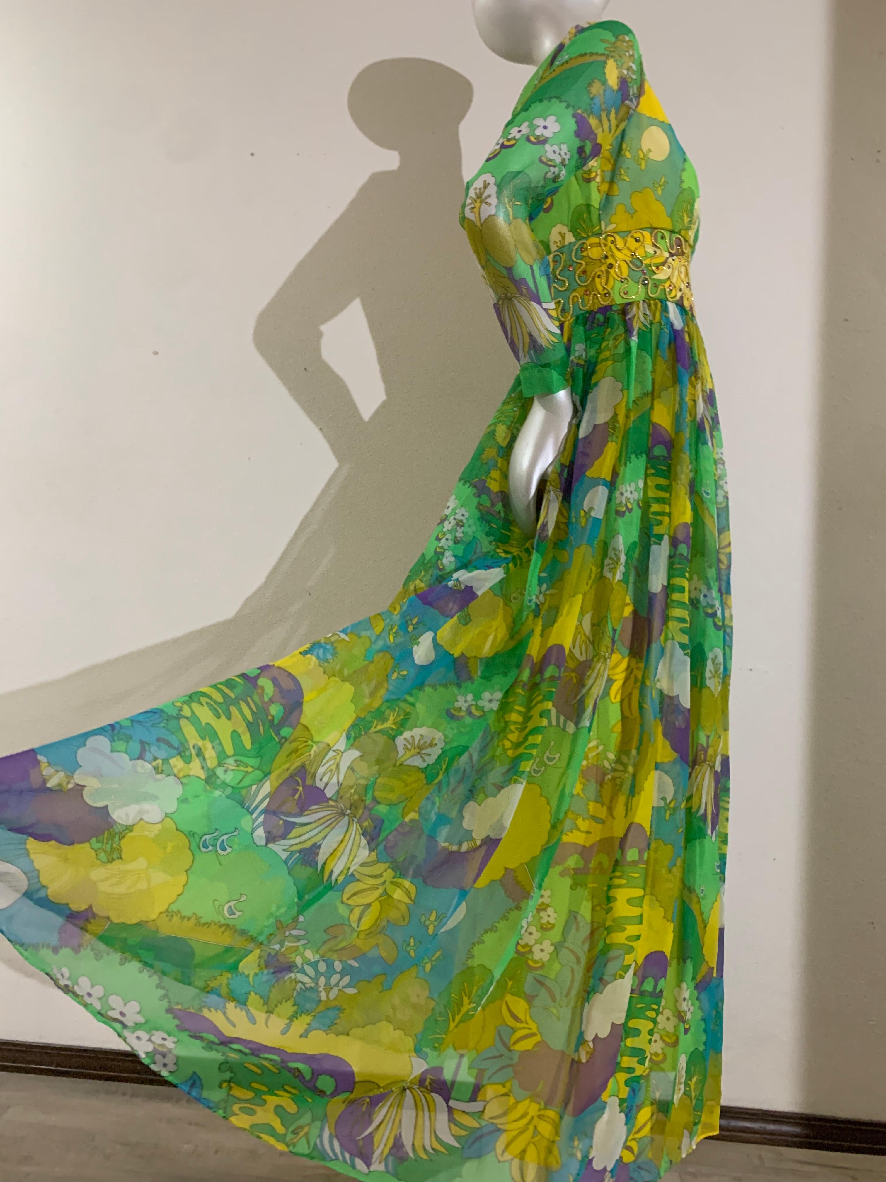 1960s Flower Power Abstract Floral Chiffon Maxi Dress w Jeweled Waistband 1