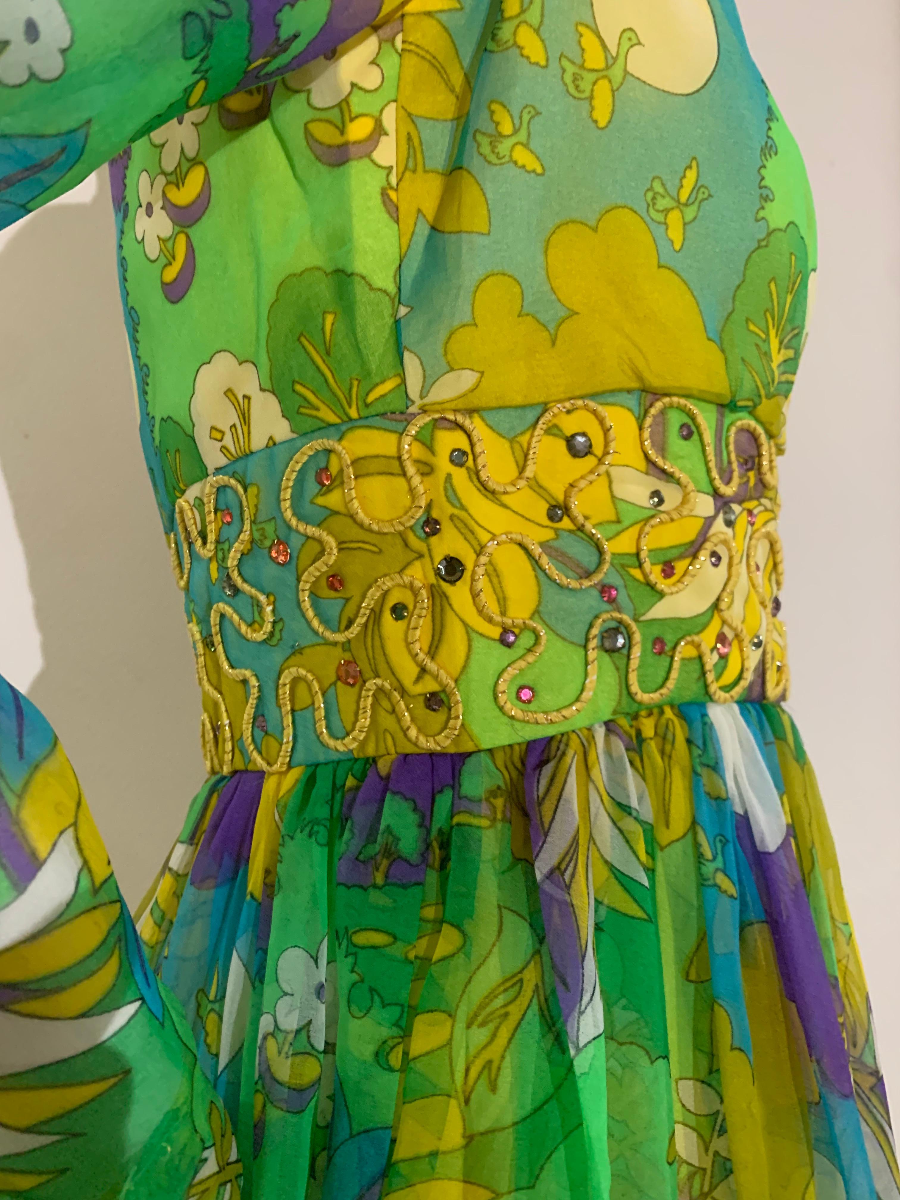 1960s Flower Power Abstract Floral Chiffon Maxi Dress w Jeweled Waistband 3
