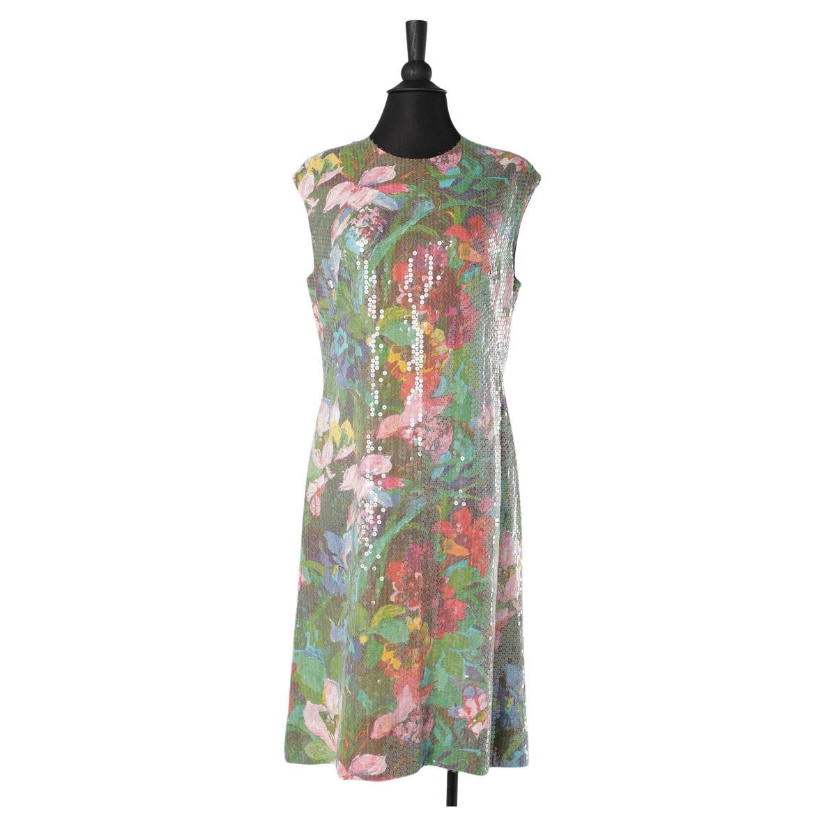 1960's flower printed cocktail dress covered with transparent PVC sequins  For Sale