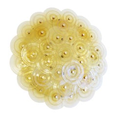 1960s Flush Mount Lamps Amber and Clear Blown Murano Glass Discs on Metal