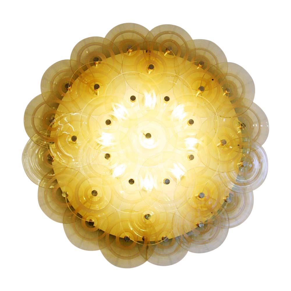 1960s Flush Mount Lamps Amber and Clear Blown Murano Glass Discs on Metal For Sale