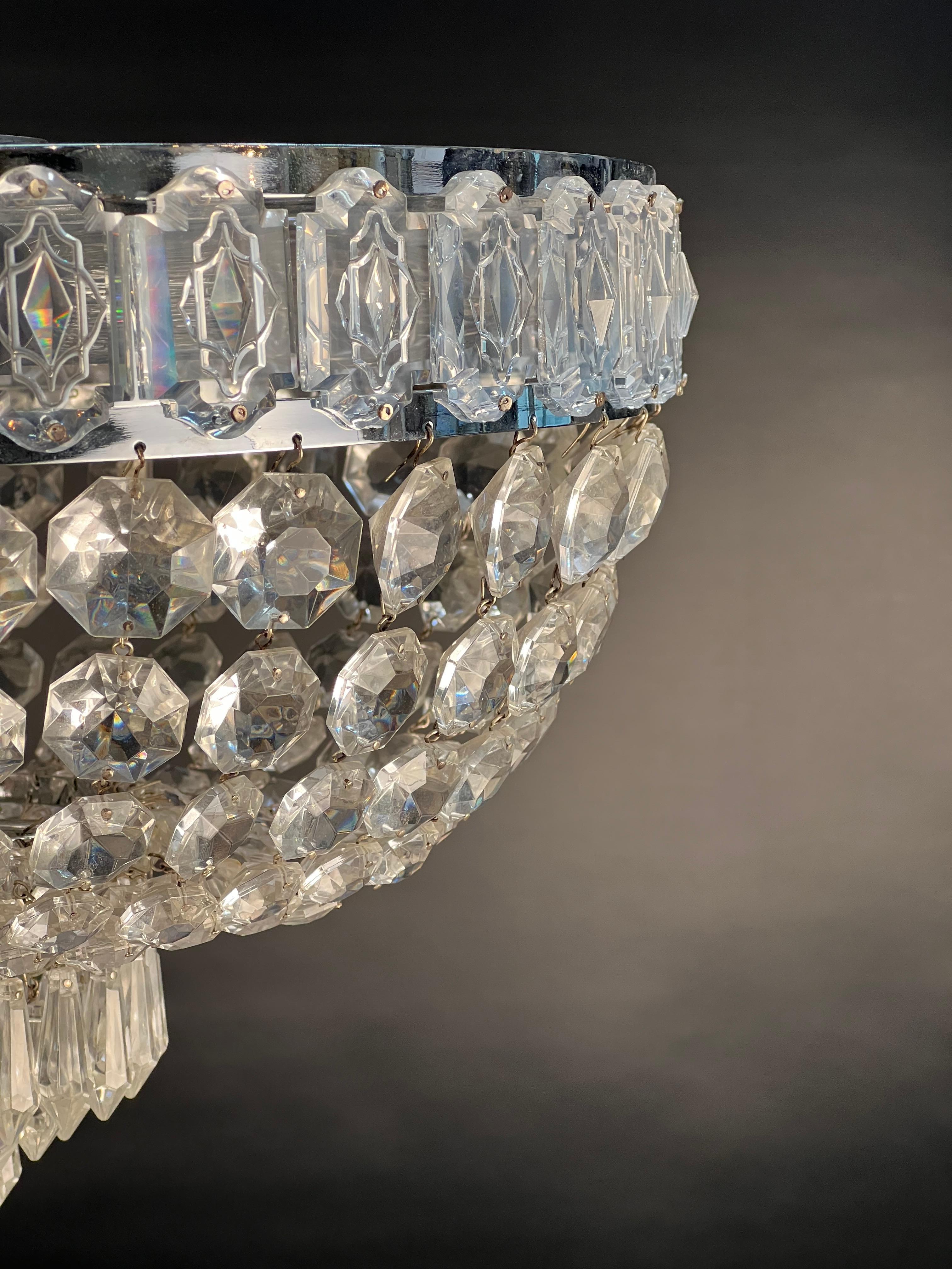 1960's Semi Flush Mount Mixed Crystal Basket In Good Condition In Denver, CO