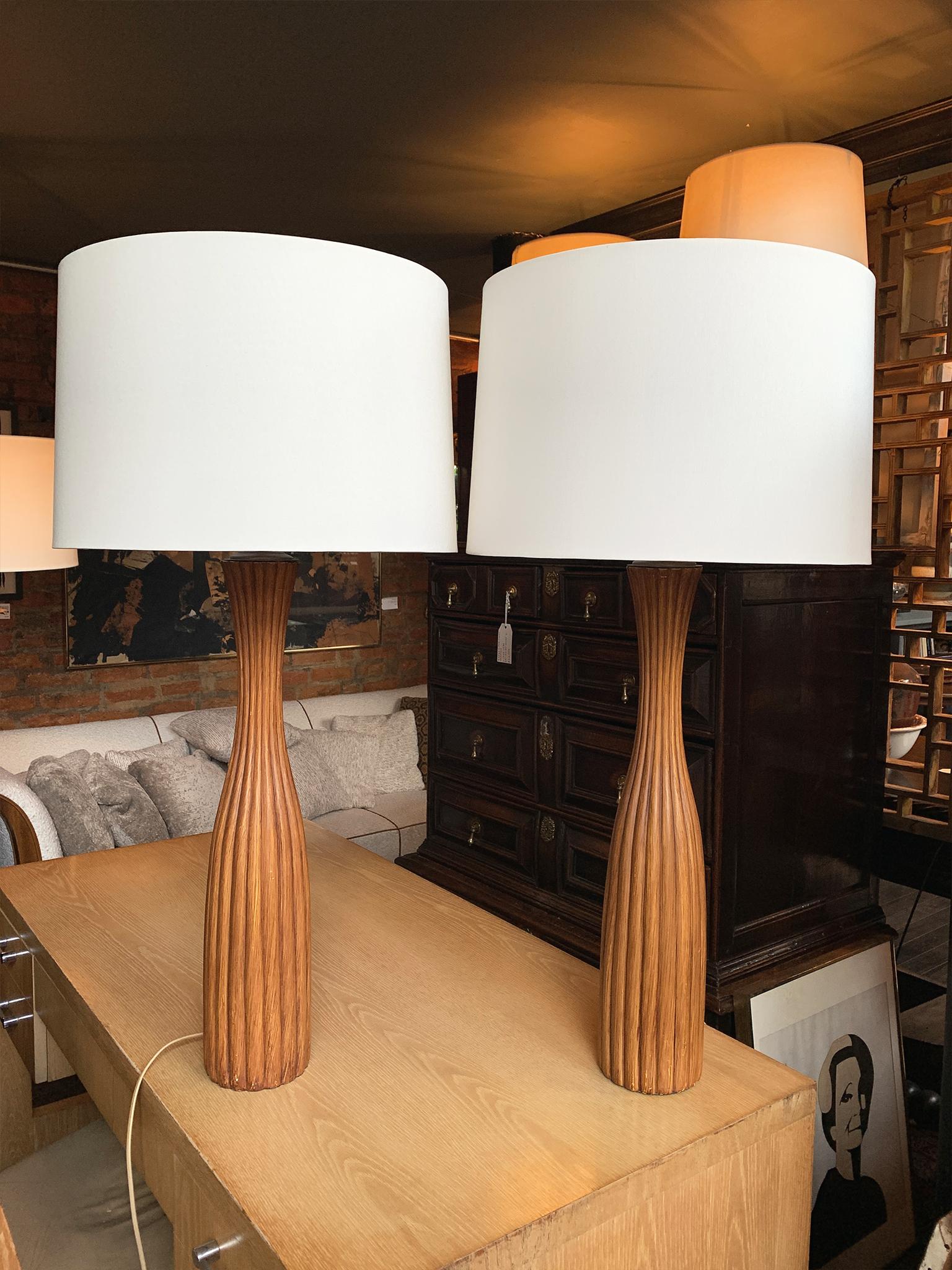 1960s Fluted Teak Table Lamps - a Pair In Good Condition For Sale In New York, NY