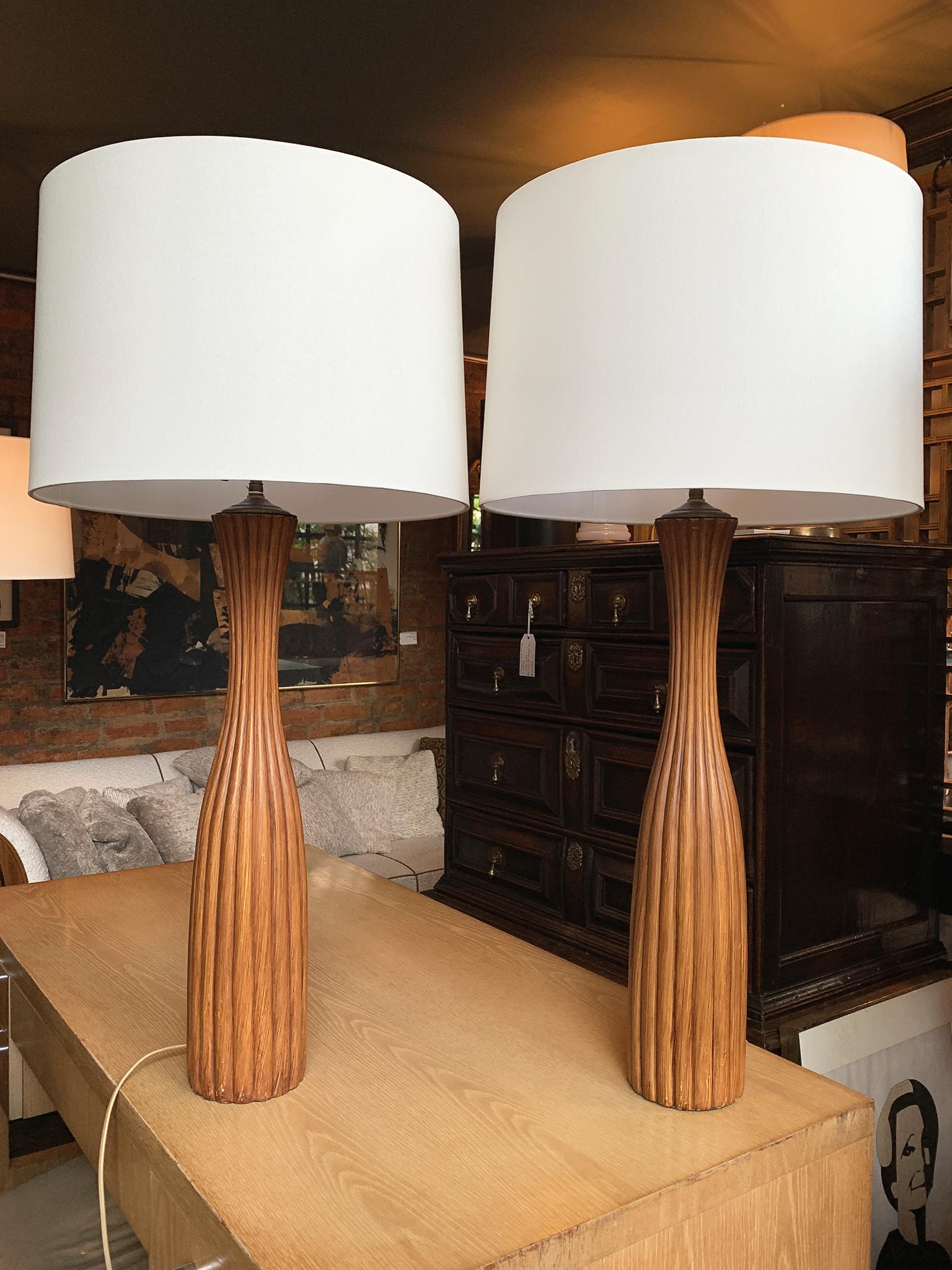Mid-20th Century 1960s Fluted Teak Table Lamps - a Pair For Sale