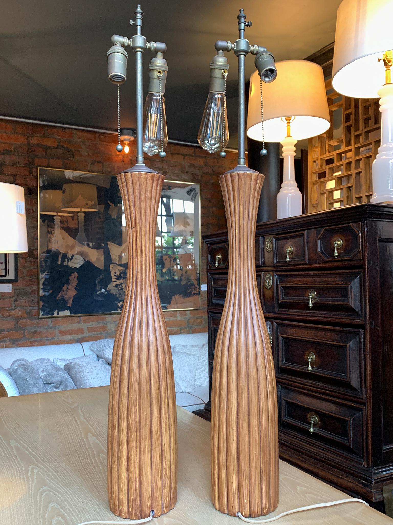 Brass 1960s Fluted Teak Table Lamps - a Pair For Sale
