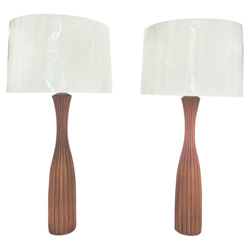 1960s Fluted Teak Table Lamps - a Pair