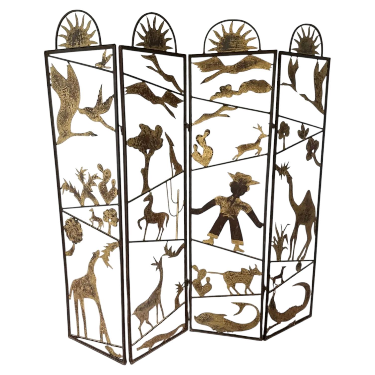 1960s Folk Art Metal Room Divider with Animals, Figures and Naturalistic Objects For Sale