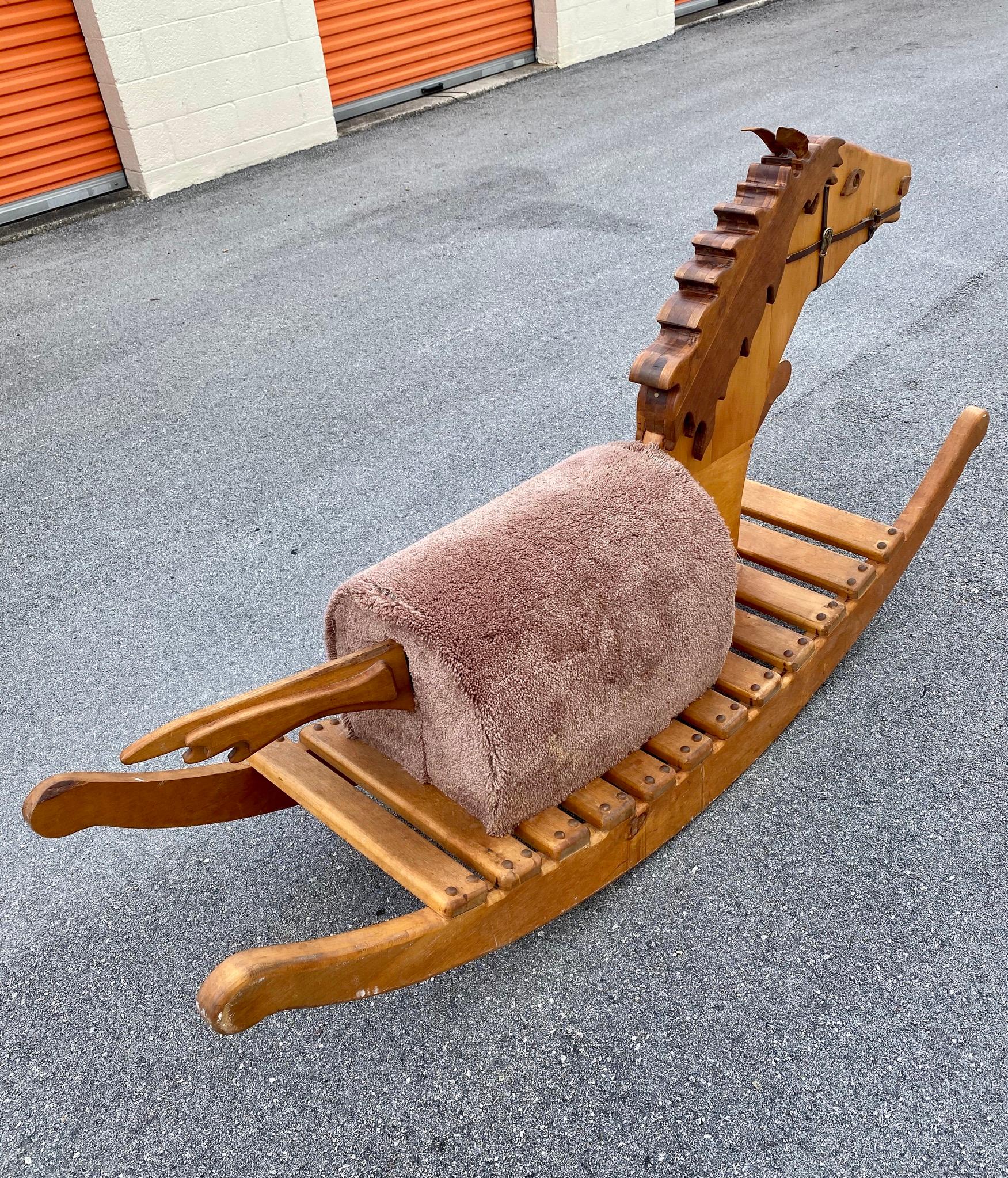 1960s Folk Art Rustic Hand Carved Monumental Rocking Horse Chair For Sale 1
