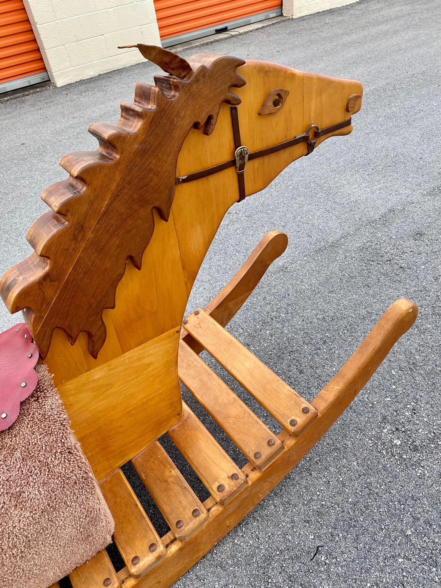 1960s Folk Art Rustic Hand Carved Monumental Rocking Horse Chair For Sale 2