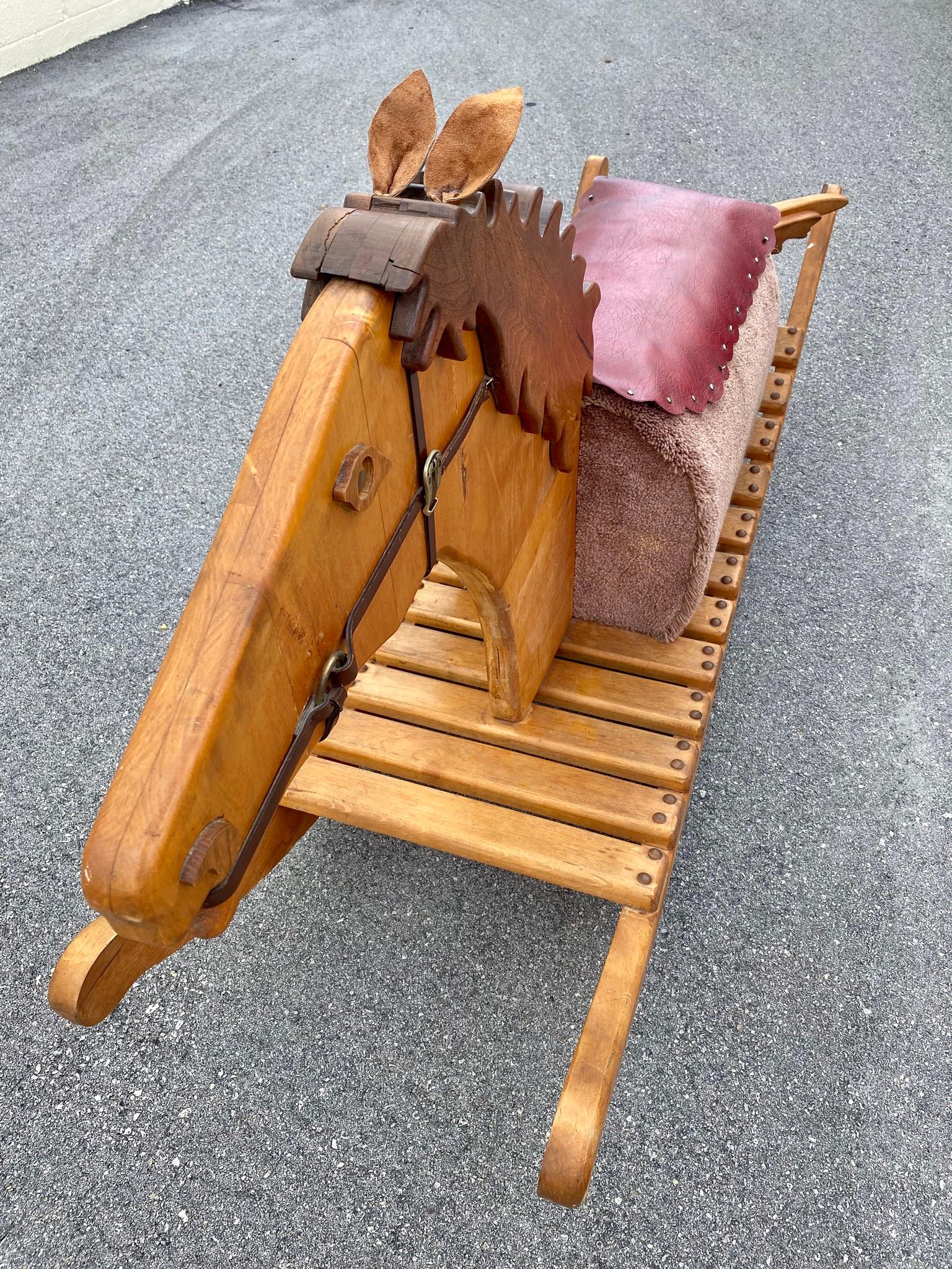 1960s Folk Art Rustic Hand Carved Monumental Rocking Horse Chair For Sale 3