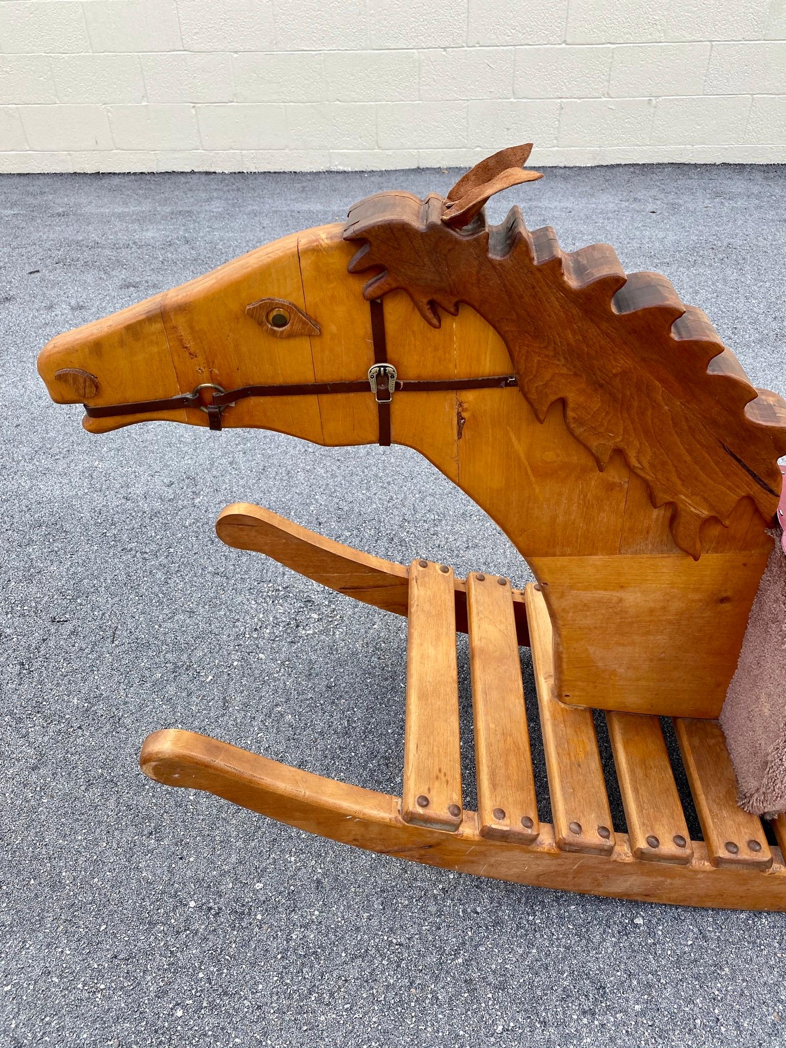 1960s Folk Art Rustic Hand Carved Monumental Rocking Horse Chair For Sale 4