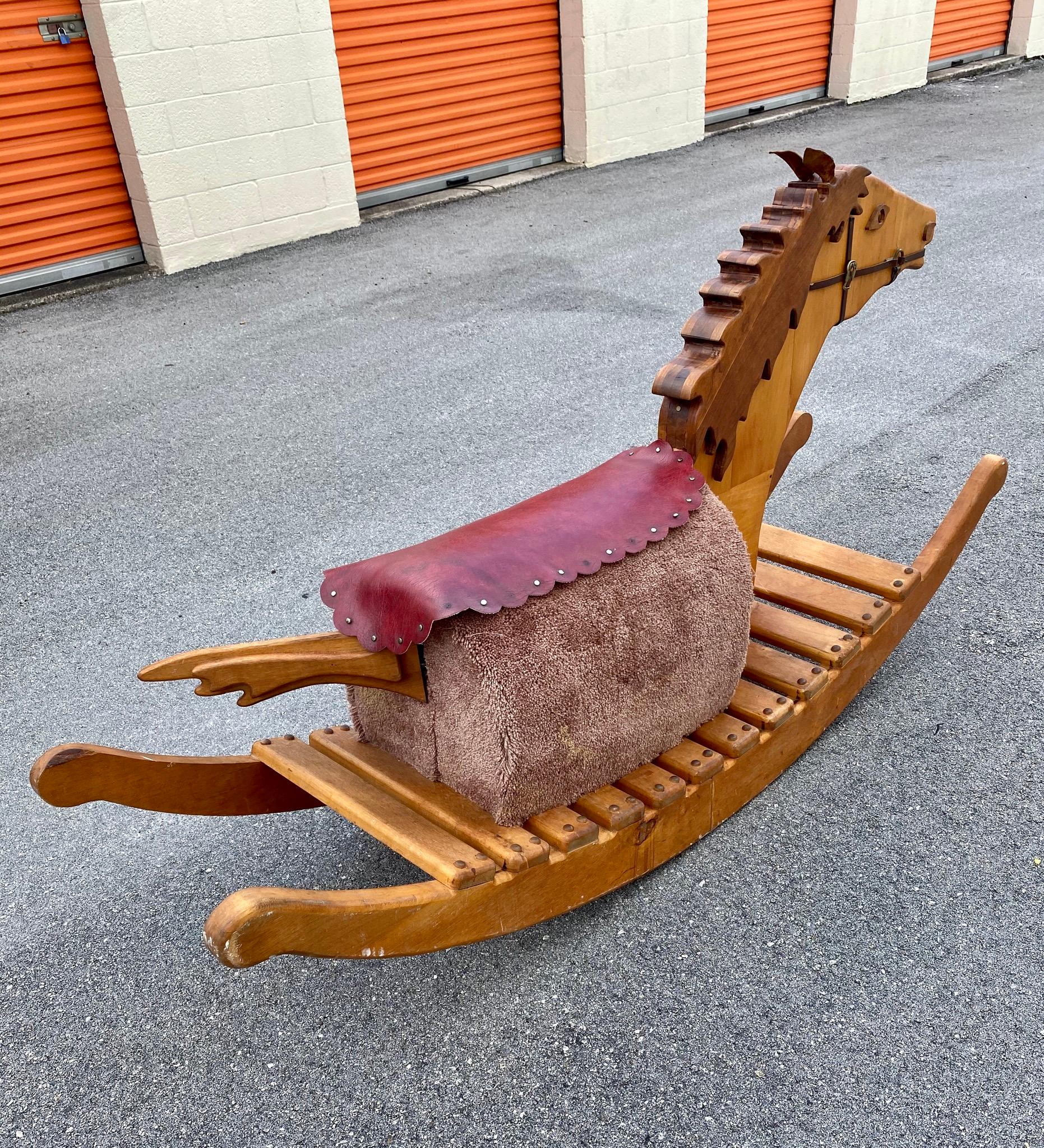 American 1960s Folk Art Rustic Hand Carved Monumental Rocking Horse Chair For Sale