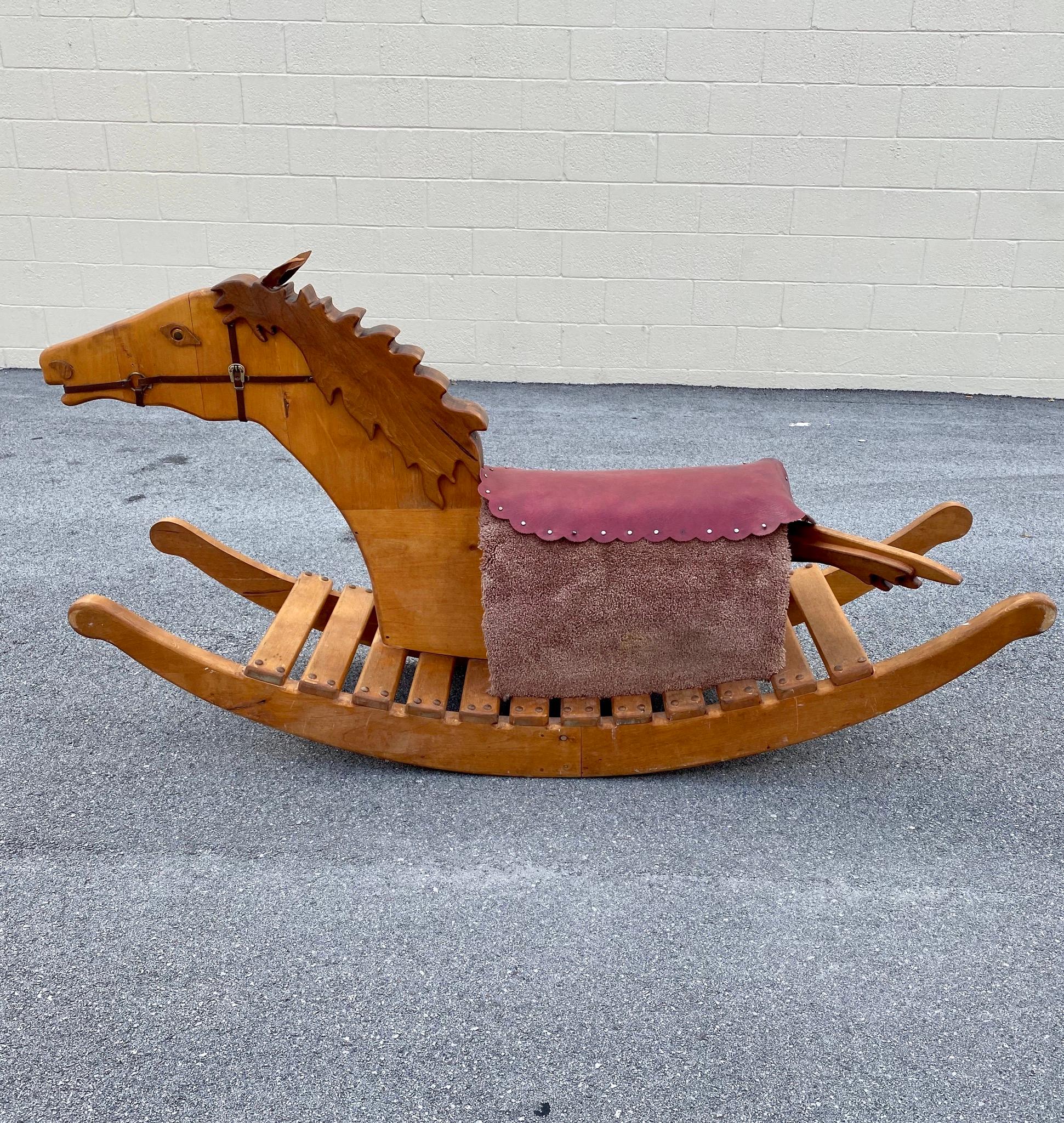 1960s Folk Art Rustic Hand Carved Monumental Rocking Horse Chair In Good Condition For Sale In Fort Lauderdale, FL