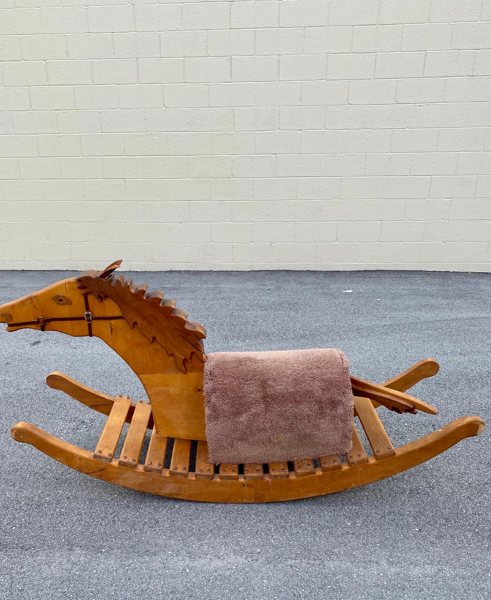 Leather 1960s Folk Art Rustic Hand Carved Monumental Rocking Horse Chair For Sale