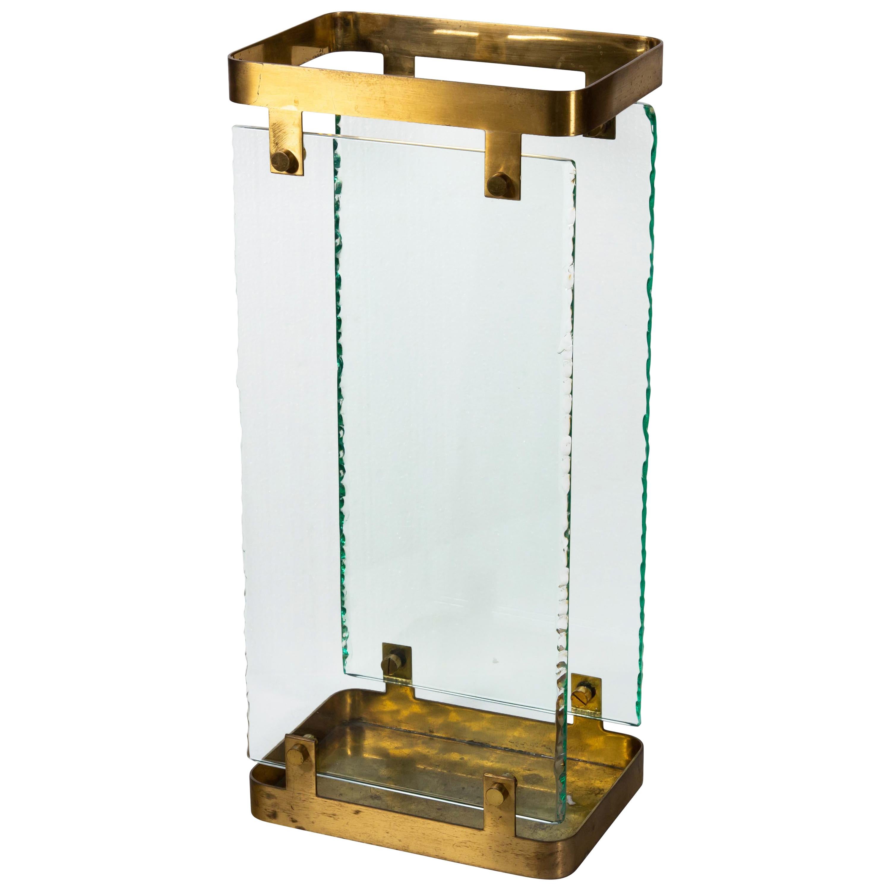 1960s Fontana Arte Brass and Clear Glass Umbrella Stand Design by Max Ingrand
