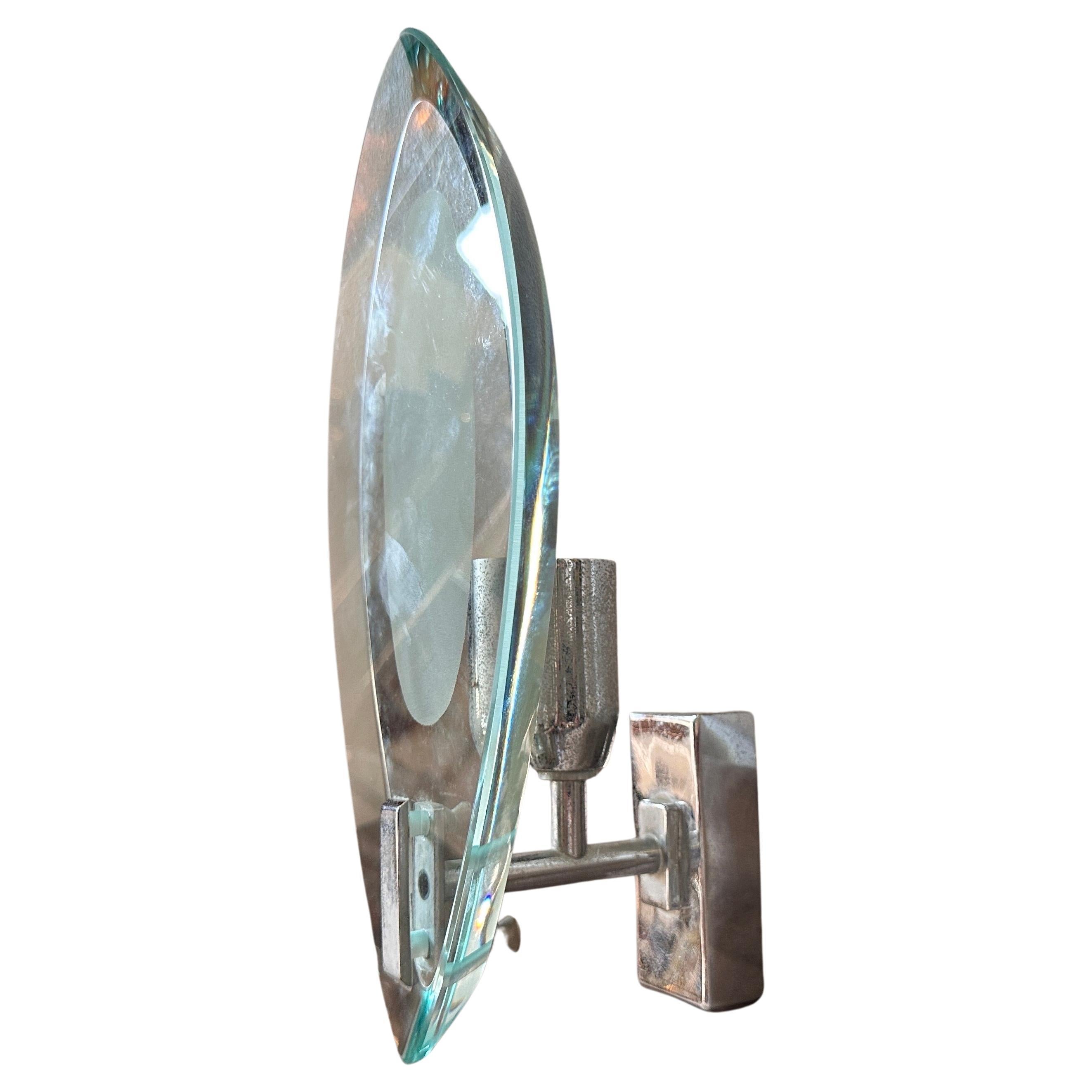 1960s Fontana Arte Style Heavy Glass and Steel Space Age Italian Wall Sconce For Sale