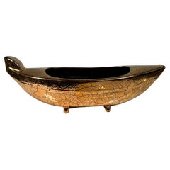 Vintage 1960s Footed Ikebana Boat Vase Mottled Gold Ceramic