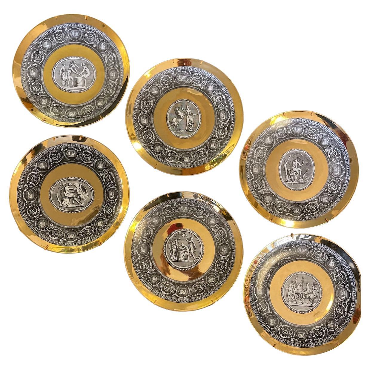 1960s Fornasetti Cammei Colección Mitológica Platos de Pan de Oro Firmados Juego de 6