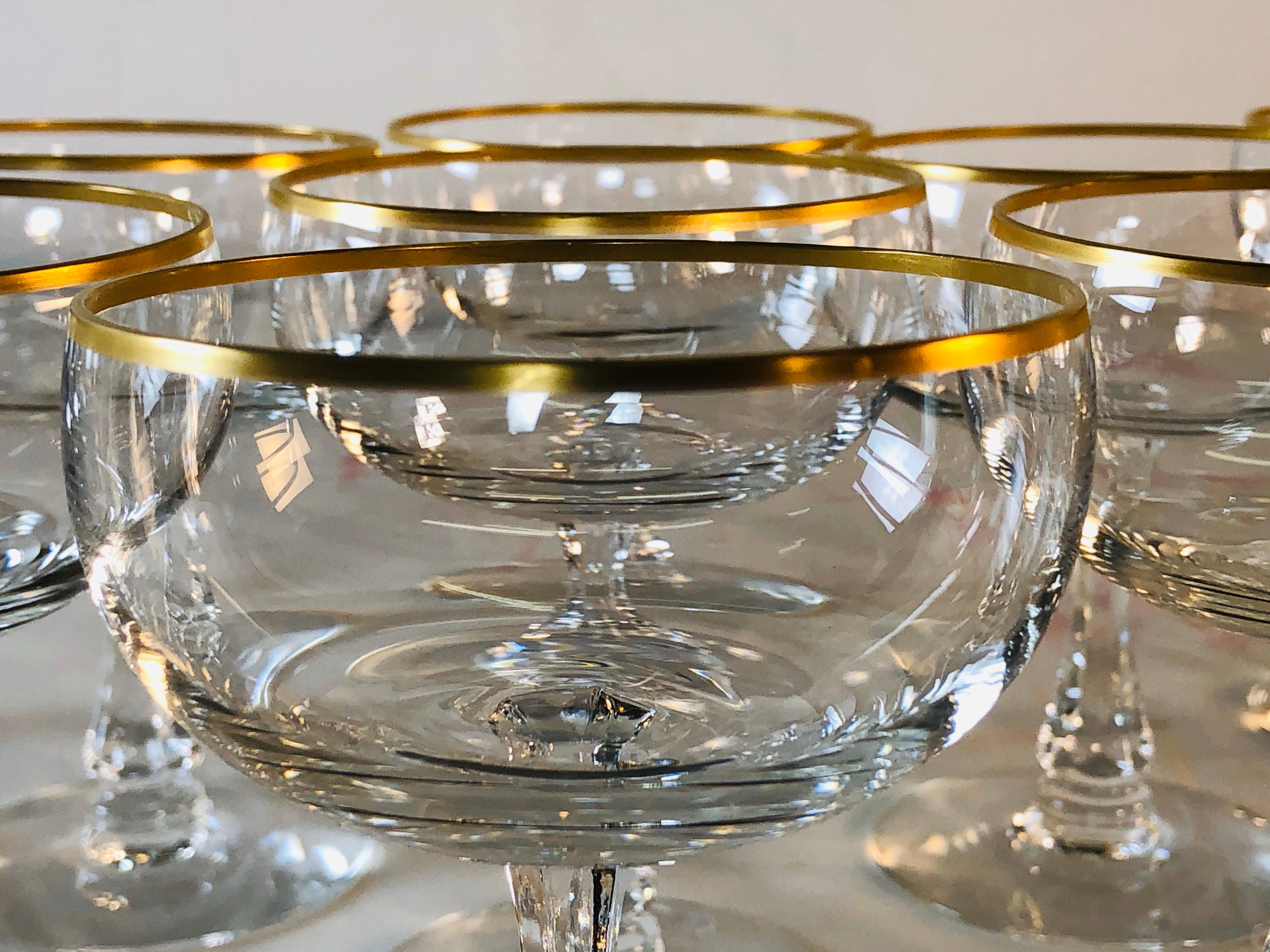 1960s Fostoria Gold Rim Glass Coupes, Set of 11 In Good Condition For Sale In Amherst, NH